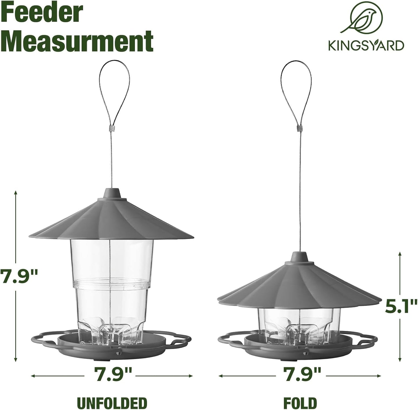 Kingsyard Bird Feeder for Outside Outdoors Hanging, Adjustable Hopper Feeders with Wide Seed Tray and Rainproof Roof, Wild Birds Feeder for Garden Backyard Decoration, 1 Pack, Grey