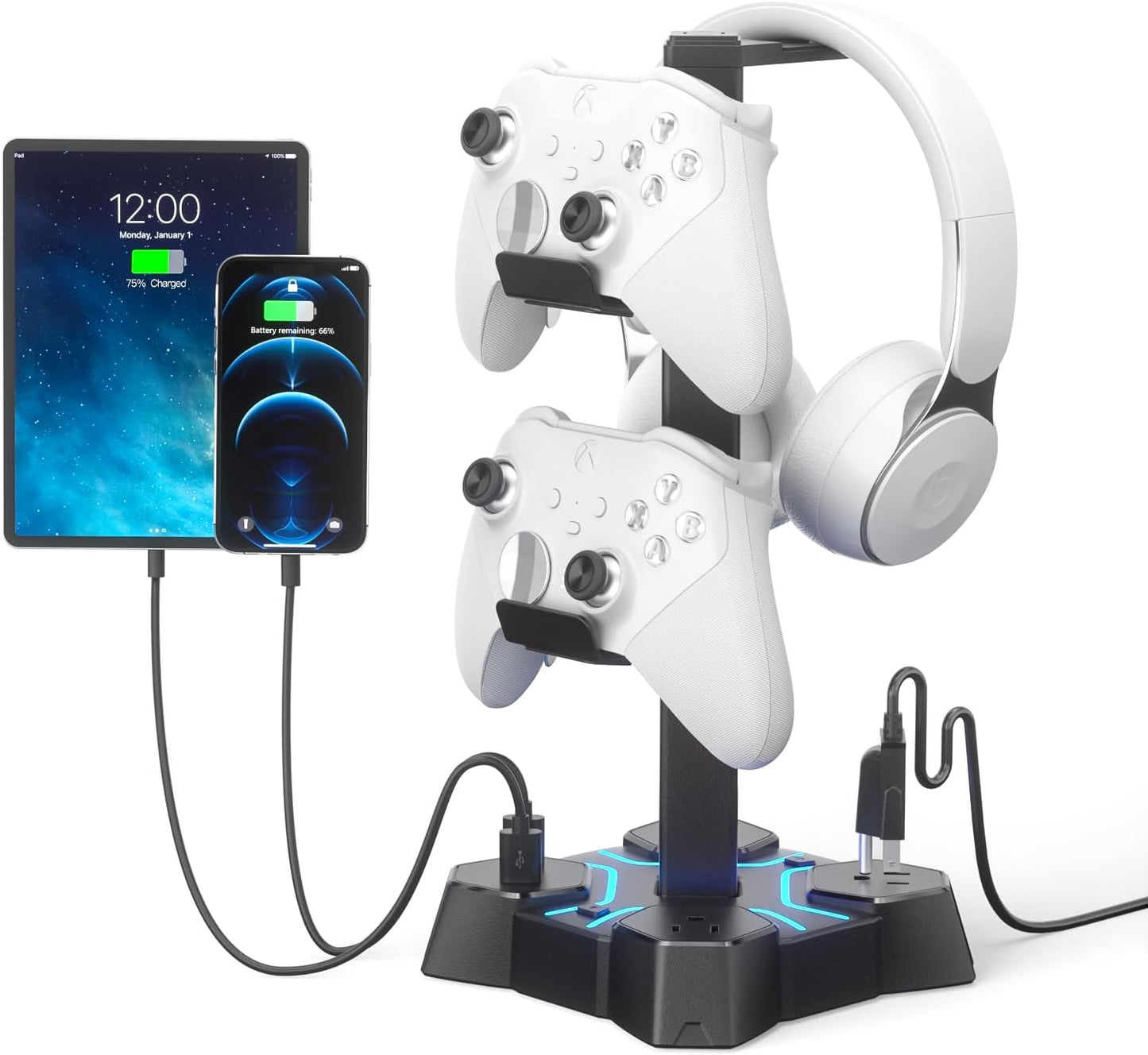 KDD Headphone Stand with USB Charger, Controller Stand for Desk, Headphone Holder with 2 USB Charging Ports and 3 AC Outlets, Accessories for Desktop(Black)