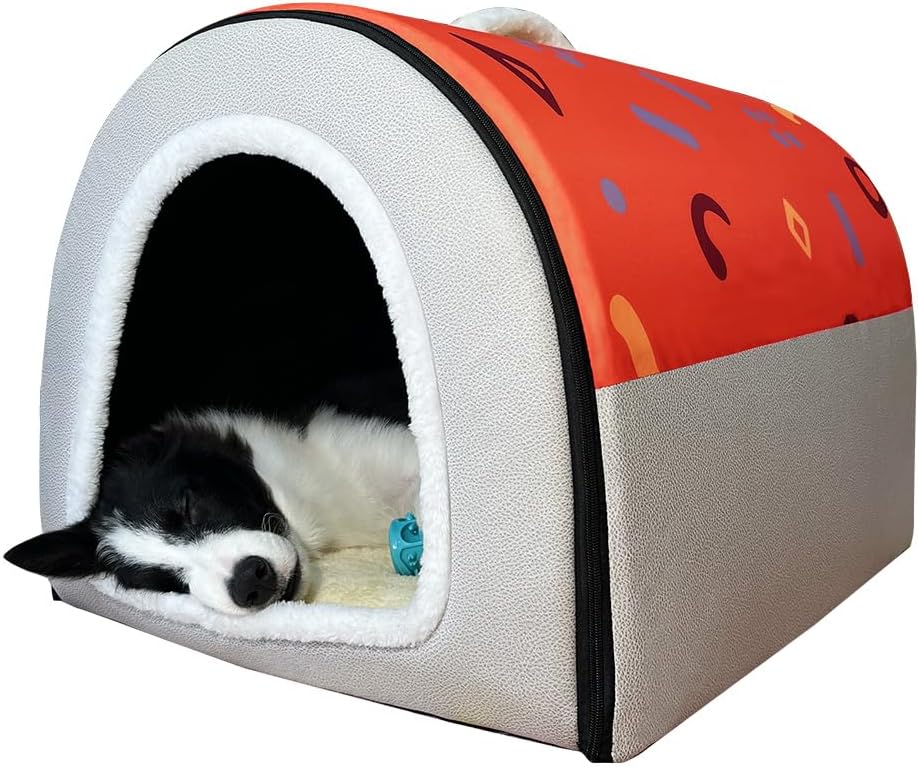 Dog Bed,2 Ways to Use,Indoor Pet House with Fluffy Mat,Removable and Washable Cover,Splash-Proof House and Non-Slip Bottom,for Large Dogs(XL Orange & Gray)