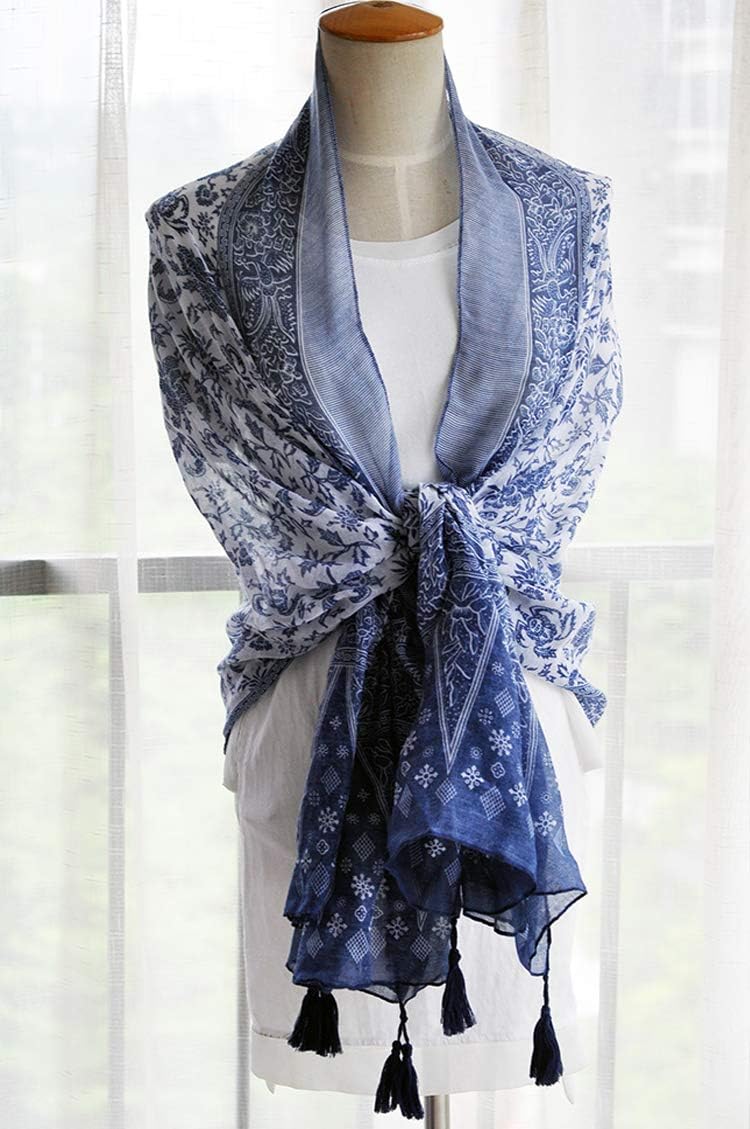 GUZOSJO Women's Boho Cotton Hemp Lightweight Floral Printed Scarf Long Shawl Wrap Scarf Head Shawl for Fall Spring