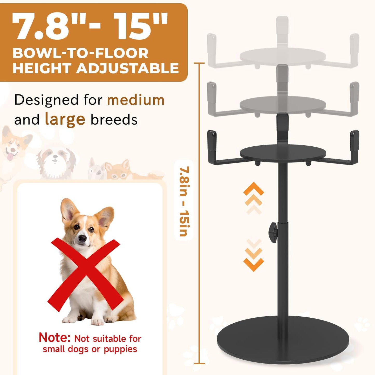 Extra-Stable Elevated Dog Bowl Stand, Adjustable Height 8-16in, Width 6-10in, Tall Single Lifted Food Holder for Large Medium Size Breeds, Metal Non-Slip Raised Dish Riser Pet Water Feeder
