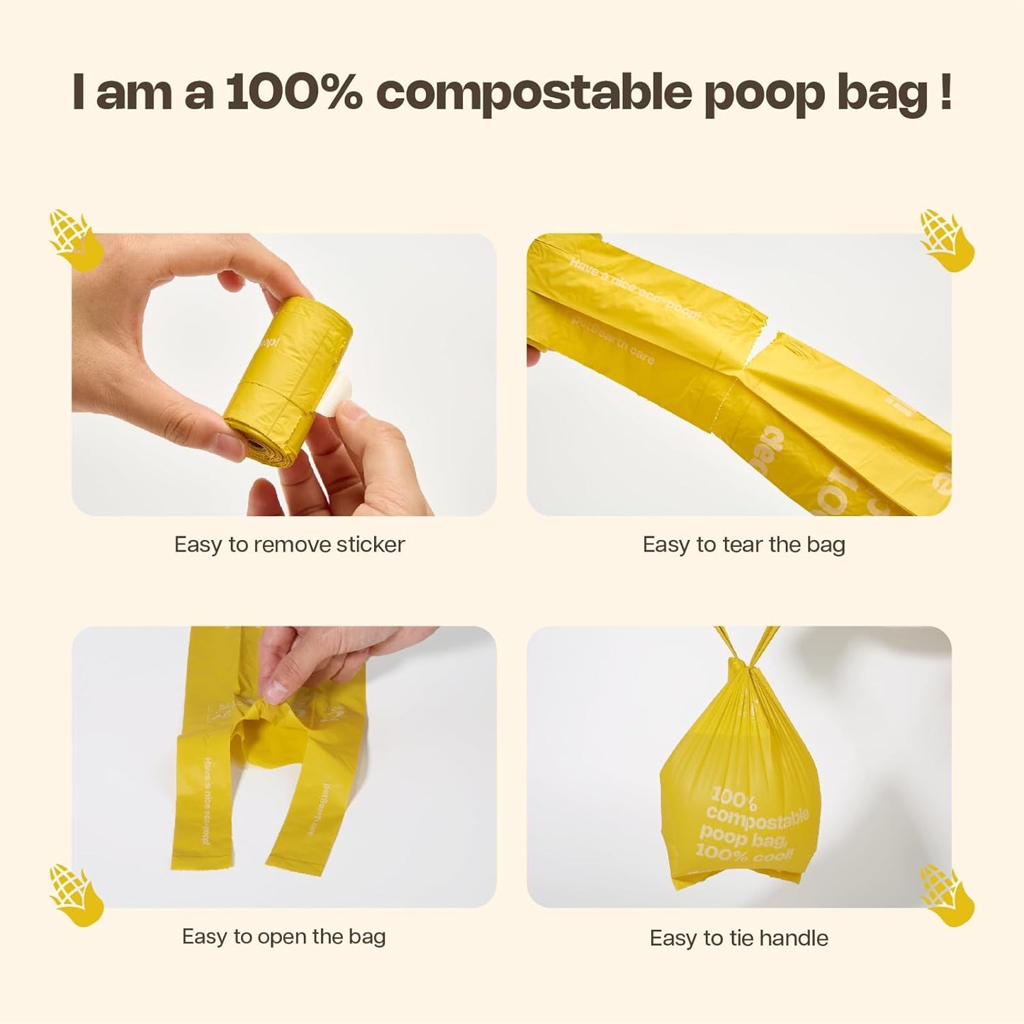 Compostable Dog Poop Bags with Handles 144 Count - Biodegradable Poop Bags for Dogs, Leak Proof, Extra Thick, ASTM D6400 Certified, Unscented