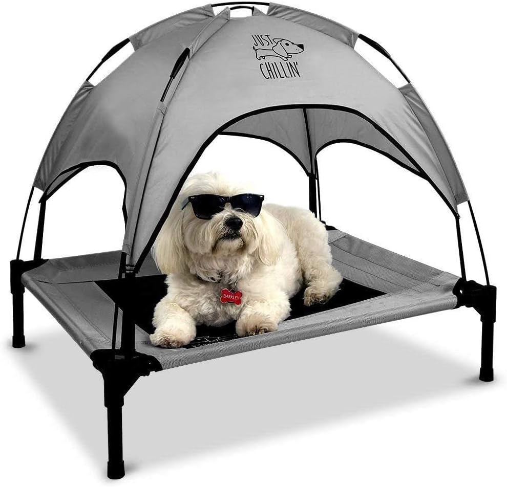 Floppy Dawg Just Chillin' Elevated Dog Beded. 탈착식 캐노피 그늘이 있는 시원한 침대. 실내 또는 실외 애완동물 사용. 가볍고 휴대가 간편합니다. 돌출된 통기성 메시 원단으로 멋지게 꾸며져 있습니다.