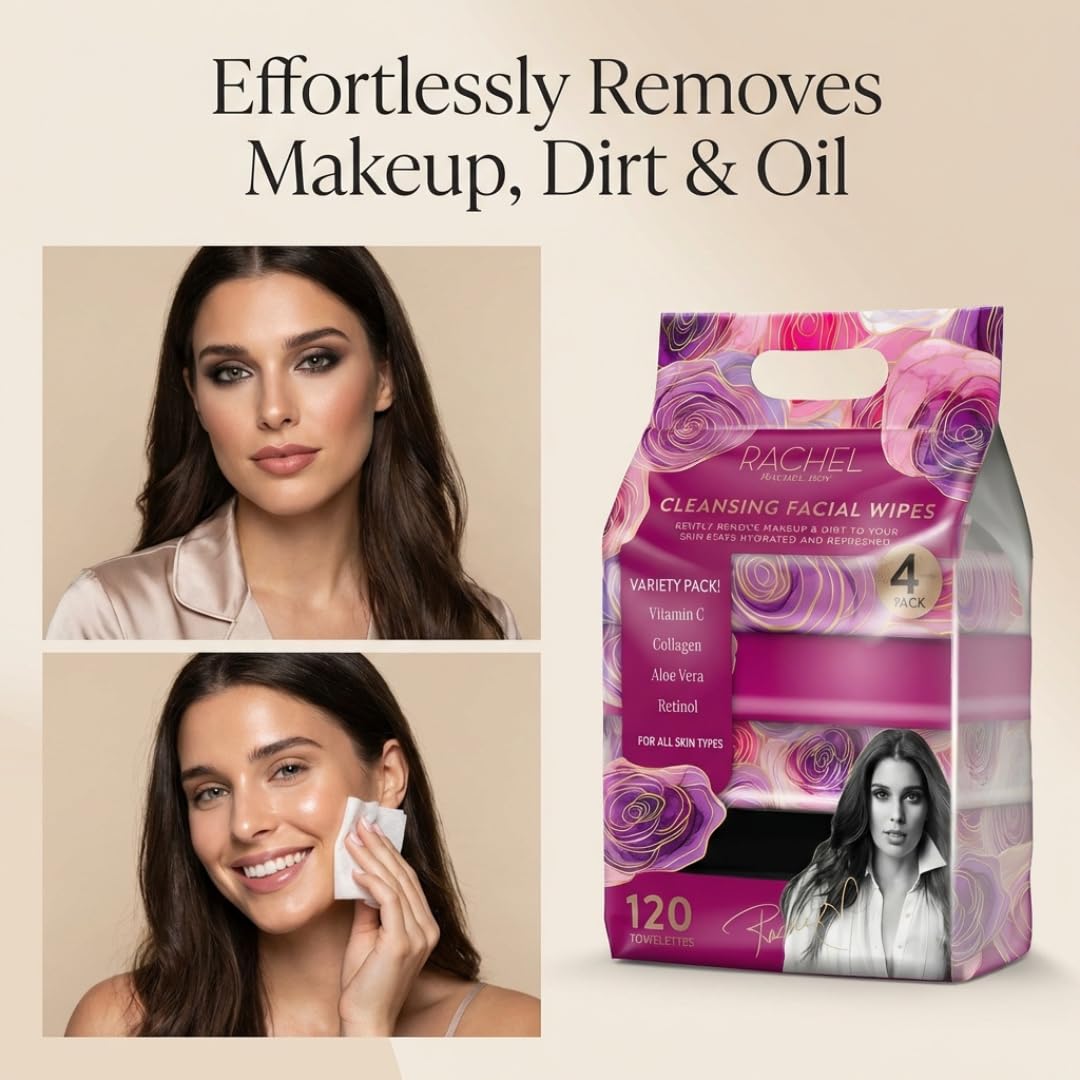 Rachel Roy 4 Pack Face Wipes for Women - Cleansing Makeup Remover Wipes with Vitamin C, Retinol, Collagen & Aloe Vera - 120 Pcs