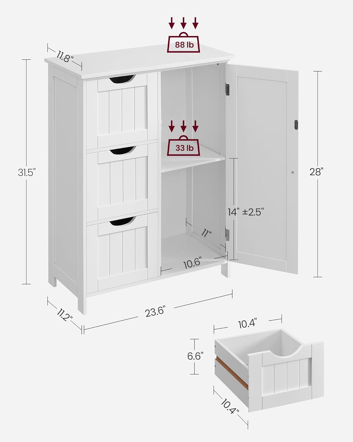 VASAGLE Floor Storage Cabinet, Freestanding Storage Unit with 3 Drawers, 1 Adjustable Shelf, for Bathroom Living Room Dining Kitchen, 11.8 x 23.6 x 31.5 Inches, Cloud White UBBC049WH01S
