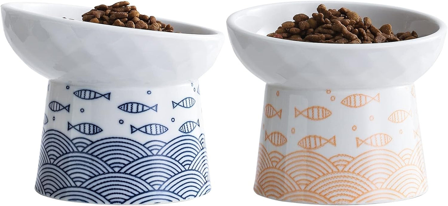 TAMAYKIM Tilted Ceramic Elevated Cat Bowls, Food and Water Raised Bowl Set for Kitty Cats and Small Dogs, Porcelain Elevated Stress Free Feeding Pet Bowl Dish, Set of 2