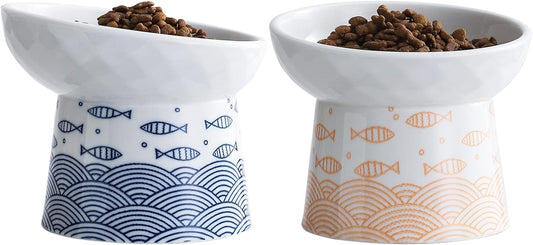 TAMAYKIM Tilted Ceramic Elevated Cat Bowls, Food and Water Raised Bowl Set for Kitty Cats and Small Dogs, Porcelain Elevated Stress Free Feeding Pet Bowl Dish, Set of 2