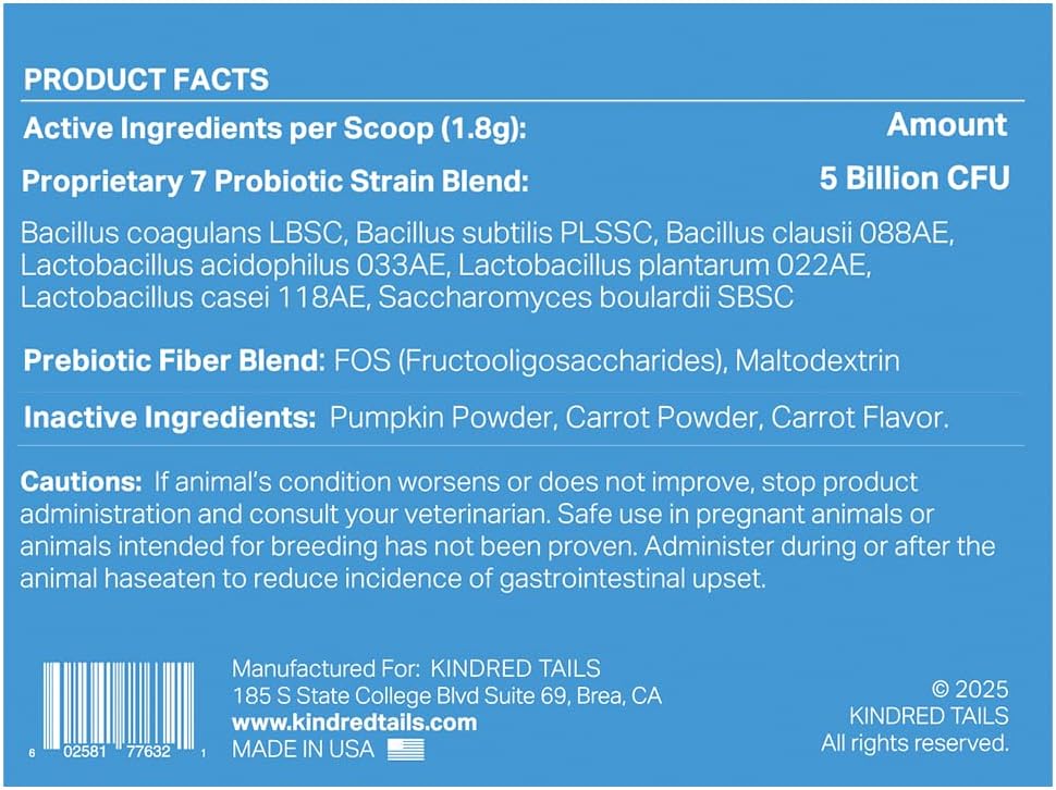 Human Grade Daily Probiotic for Dogs – Vet Approved with 7 Clinically Proven Strains + Prebiotics, Gut & Immune Support with Pumpkin & Carrot – 60 Servings – 5 Billion CFU per Scoop