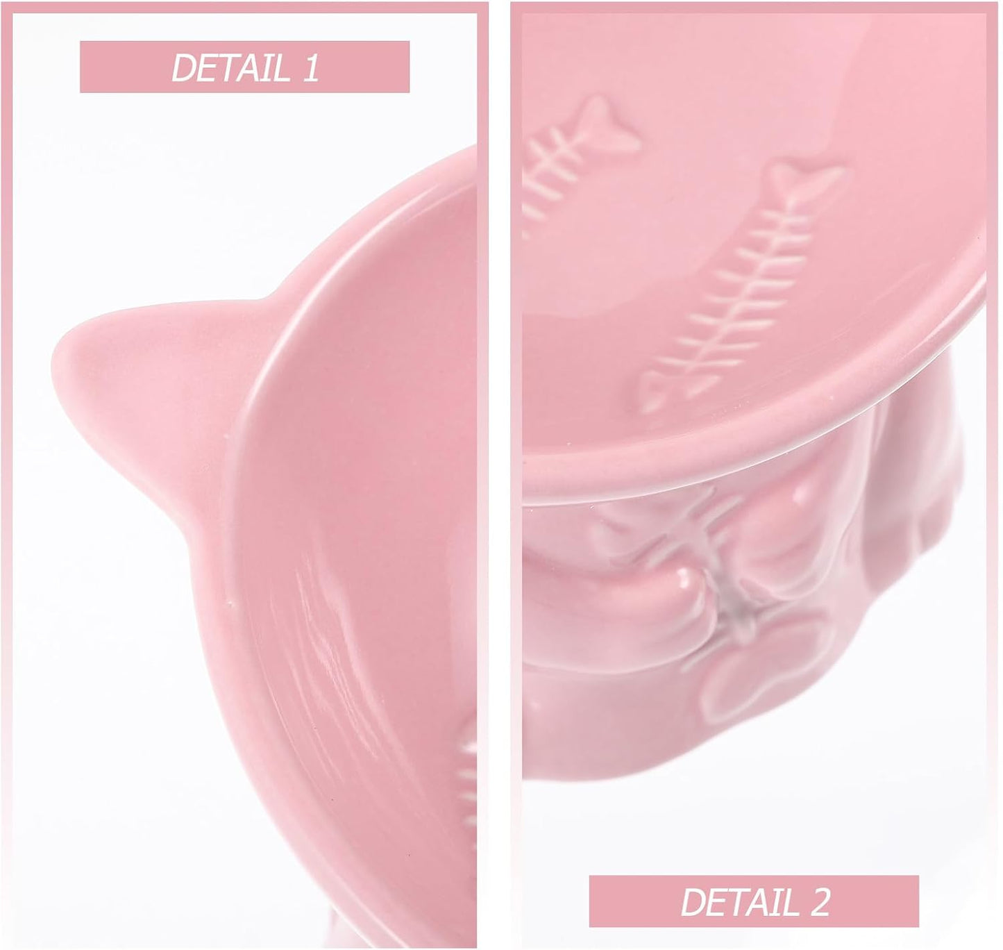 Milisten Elevated Tilted Ceramic Cat Food Bowl with Raised Stand, Fishbone Pattern Pink, Indoor Raised Feeding Dish for Cats to Protect Neck and Posture