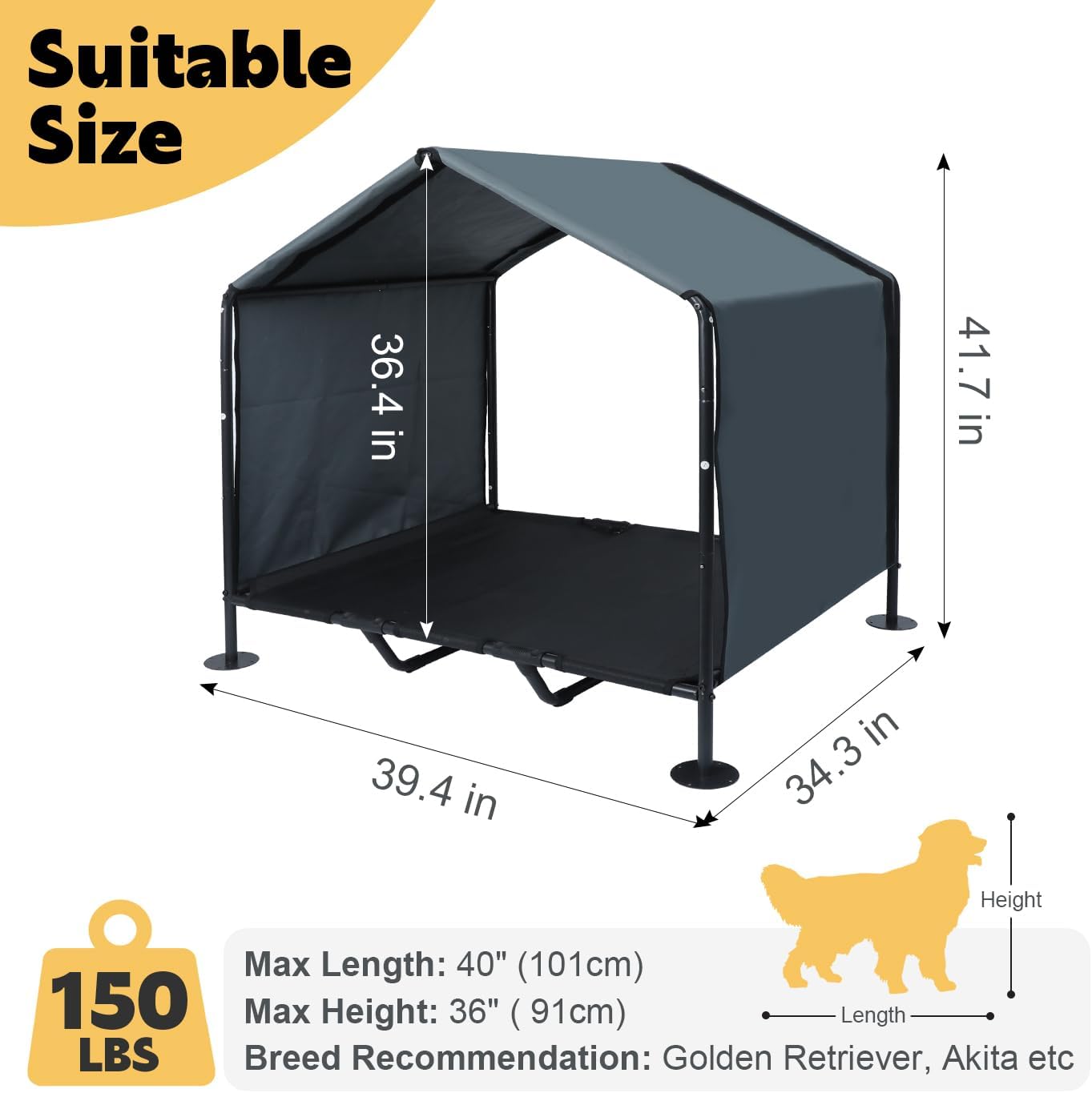 Outdoor Dog House for Large Dogs, Raised Dog Bed with Removable Waterproof Shade Cover, Portable Pet Shelter for Camping, Patio & Yard