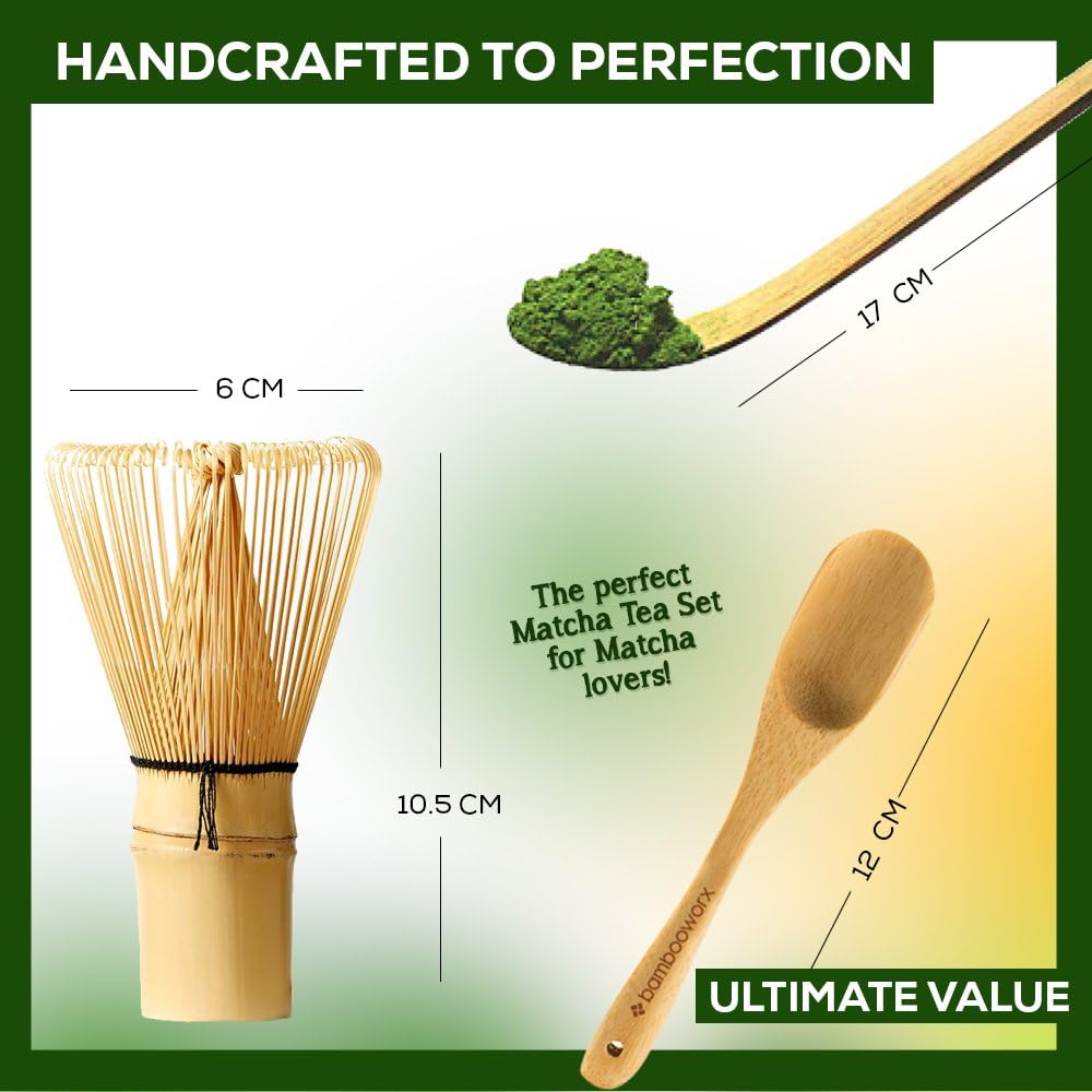 BambooWorx Matcha Whisk Set - (Chasen), Traditional Scoop (Chashaku), Tea Spoon. The Perfect Sets to Prepare a Traditional Cup of Japanese Tea, Handmade from 100% Natural Bamboo