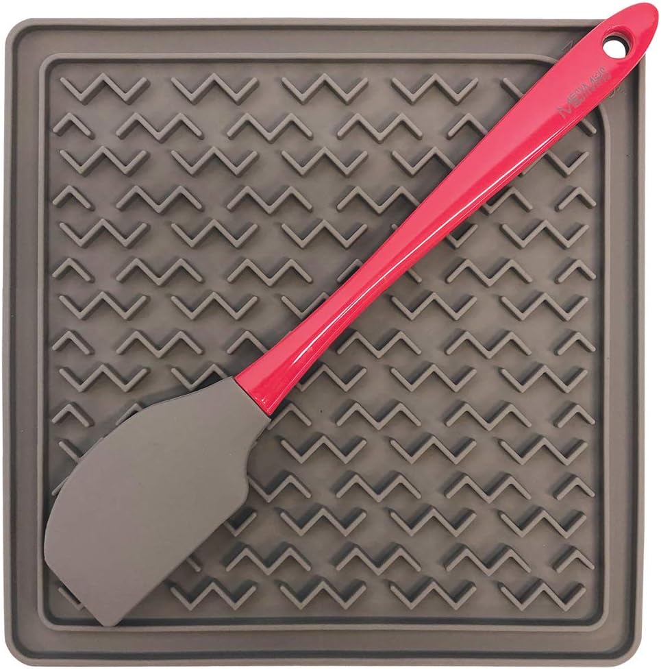 Messy Mutts Silicone Therapeutic Interactive Feeding and Licking Mat | 8” x 8” | Slow Feeder for Boredom & Anxiety | Lick Pad for Cats & Small Dogs | Grey w/Spatula