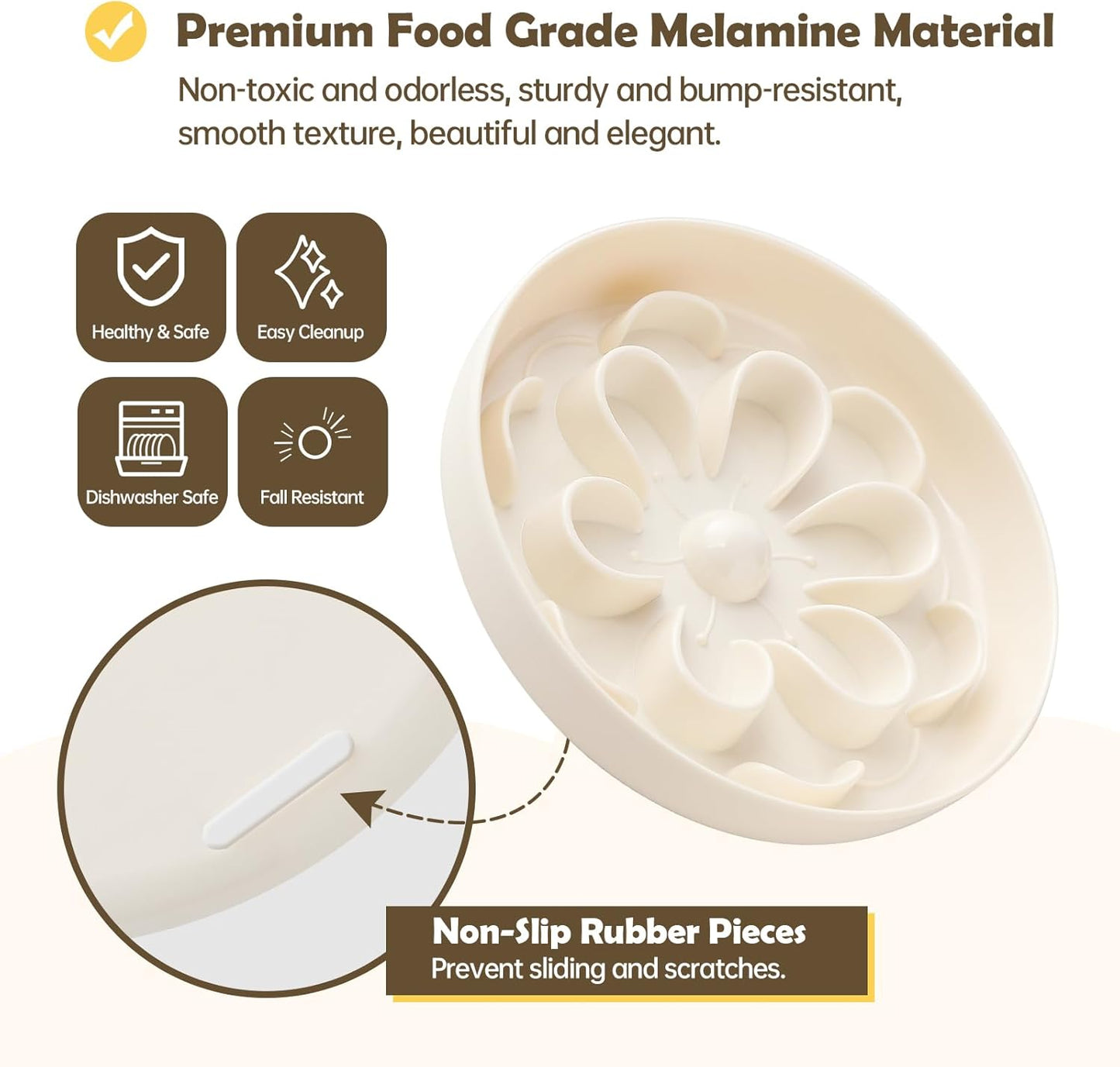 Melamine Slow Feeder Cat Bowl - Cute Blossom Maze Cat Dish - Fun Interactive Plate for Dry & Wet Food - Whisker Friendly - Dishwasher Safe - 6.3''W x 1.1''H