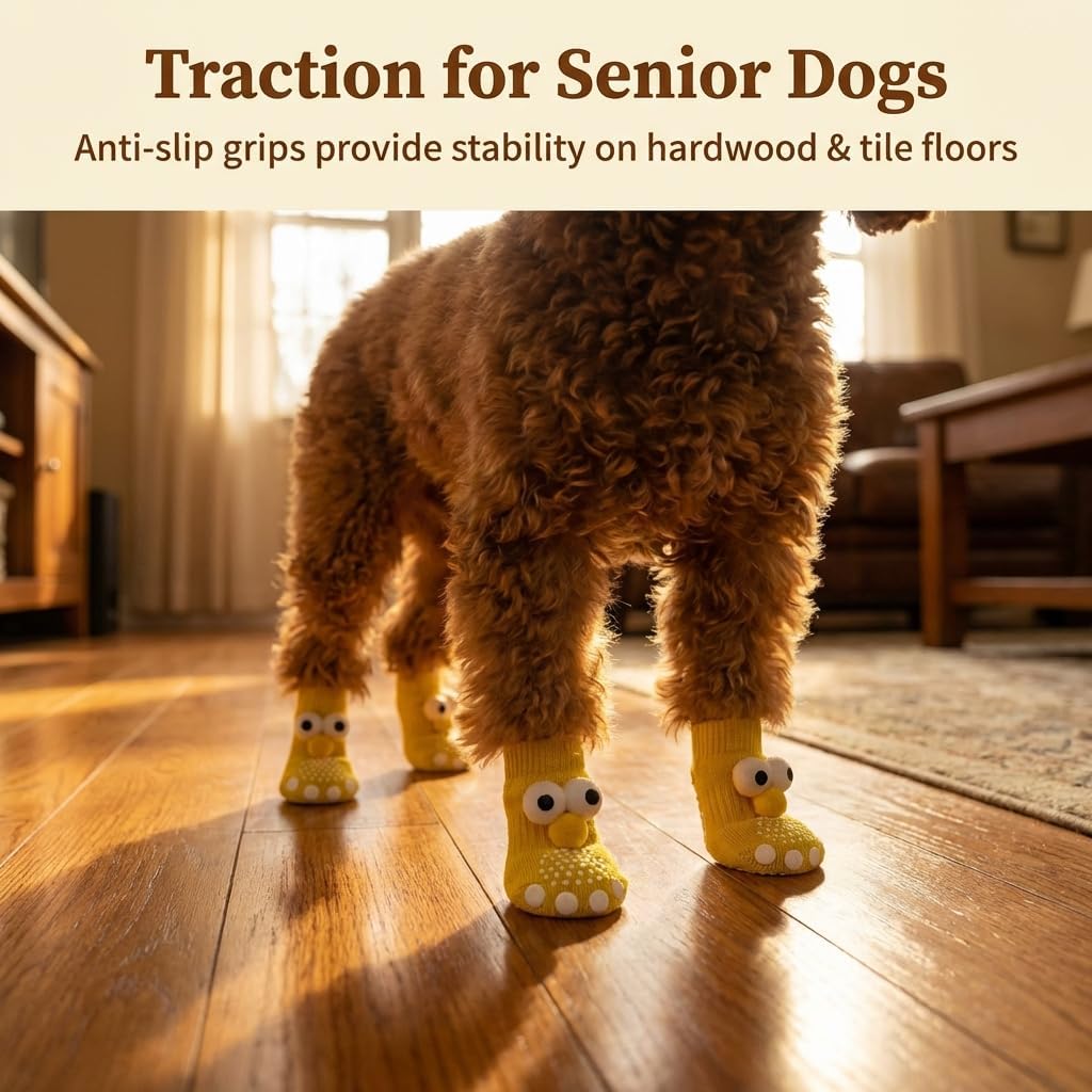 Dog Socks & Owner Matching Set, Anti Slip Dog Booties with Adjustable Straps, Paw Protectors for Hardwood Floors, Traction Control for Senior Dogs, Stop Licking, Indoor & Winter Usage (2 Pairs)