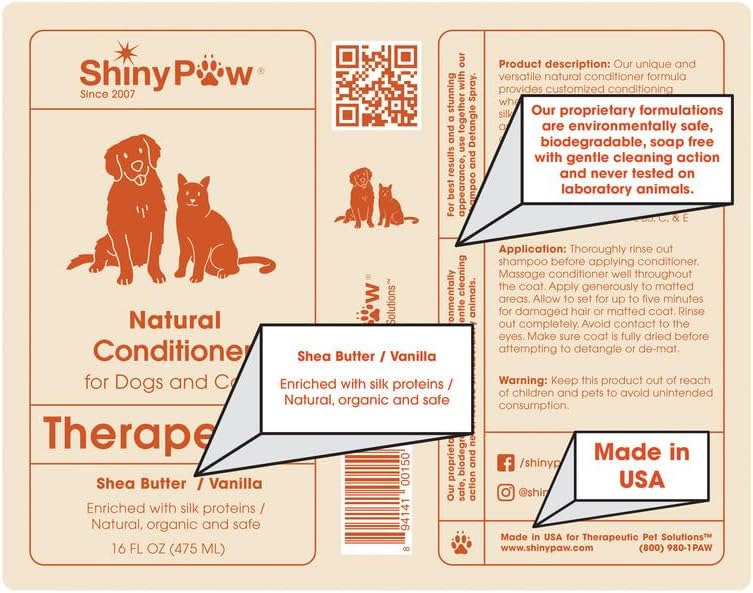Dog Conditioner for Allergies and Itching | Shiny Paw Shea Butter & Vanilla Conditioner for Dogs & Cats | Dog Matted Hair Detangler | Made in The USA | 16 oz