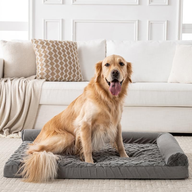 Orthopedic Dog Bed, L-Shaped Plush Sofa with Bolster, Memory Foam Pet Bed, Machine Washable Cover, for All Dog and cat Breeds (Dark Gray, 35" x 25" x 6.5")