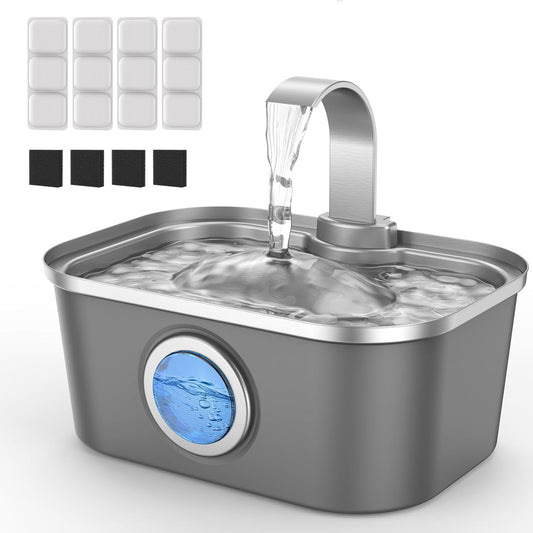 Bobo&Dragon Automatic Stainless Steel Water Fountain for Cat & Dog in Nebula Gray 124oz/3.5L Quiet Faucet Flow Water Dispenser, Fresh Filtered Hydration, Easy Clean, Leak-Proof for Indoor Pets