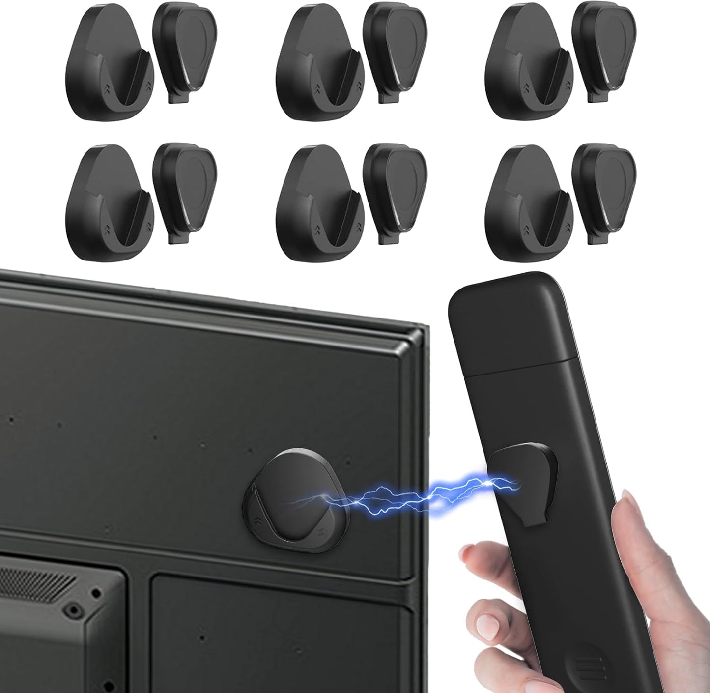 JUMEIHUI Magnetic Remote Control Holder Wall Mount, [Upgraded with Adhesion Promoter] TV Remote Holder Organizer for Bed Headboard & Nightstand, No Drill Sticky Remote Caddy for Roku (Black, 6 Pack)
