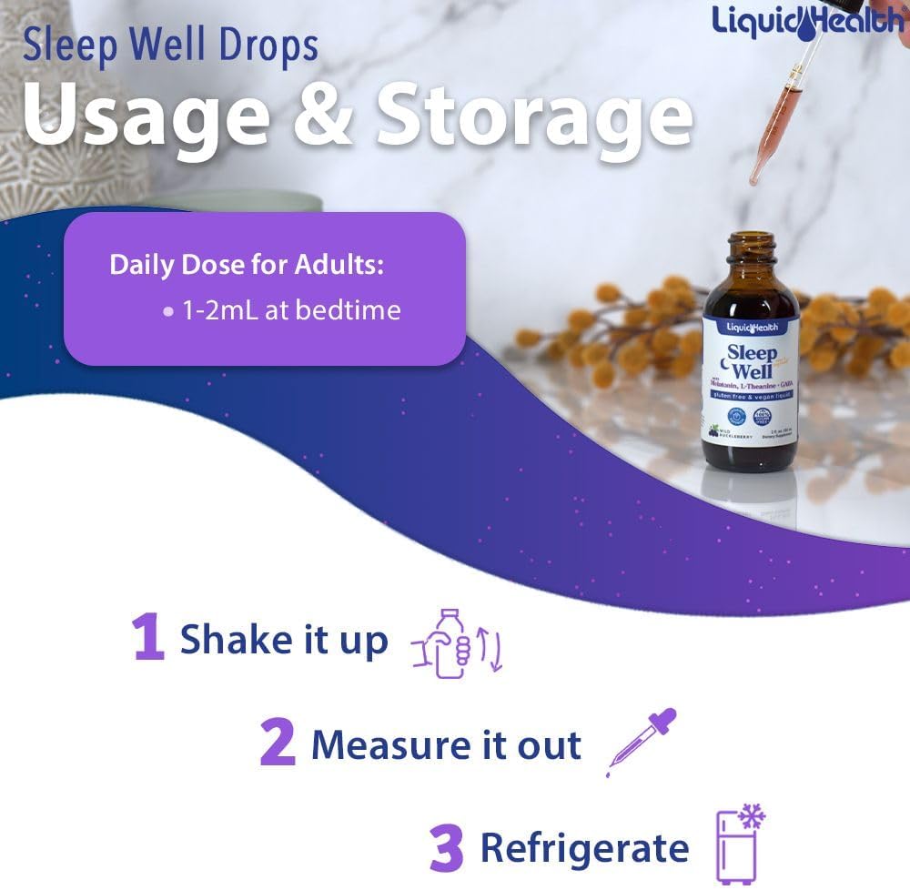 LIQUIDHEALTH Sleep Well Natural Sleep Aid Melatonin Drops - Better Sleep & Mood, Relax & Calm Mind, Fall Asleep Faster Stay Asleep Longer - Made in USA, Vegan, Sugar-Free, Drug Free, Non-GMO (2 oz)
