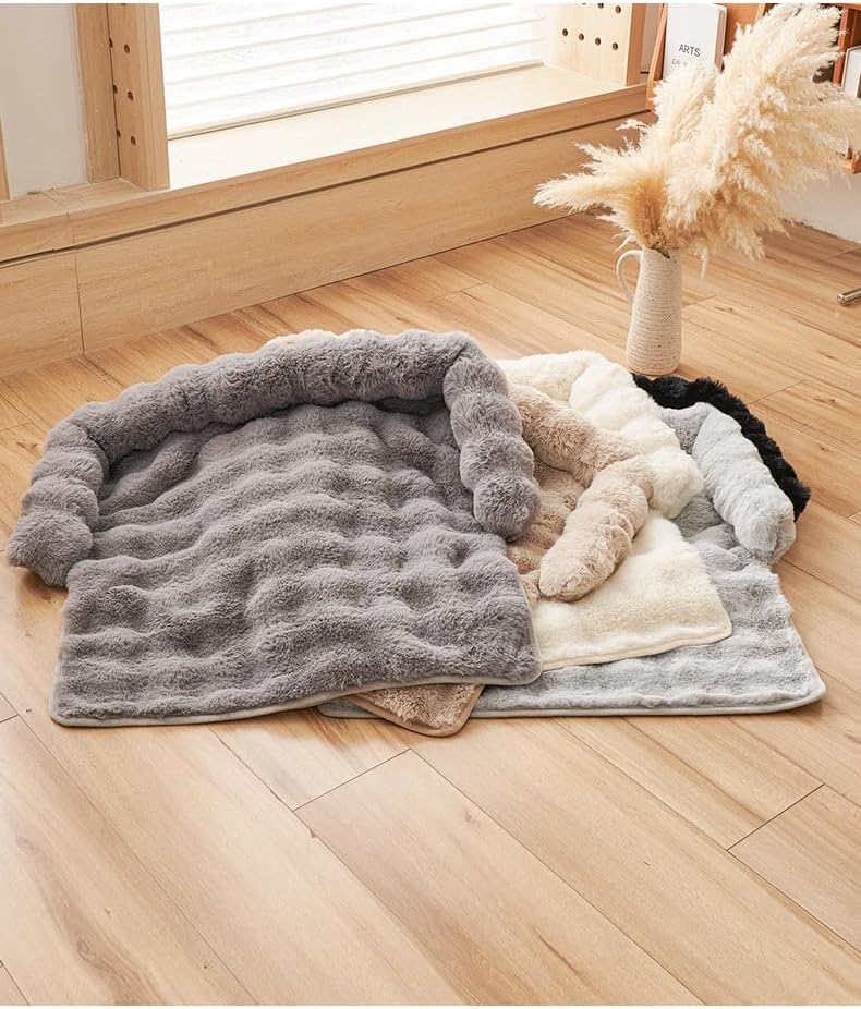 Luxurious Cozy Dog Couch Bed, Washable Removable Calming Pet Sofa Cover, Fluffy Plush Dog Mat for Furniture Protector and Car (Light Brown)