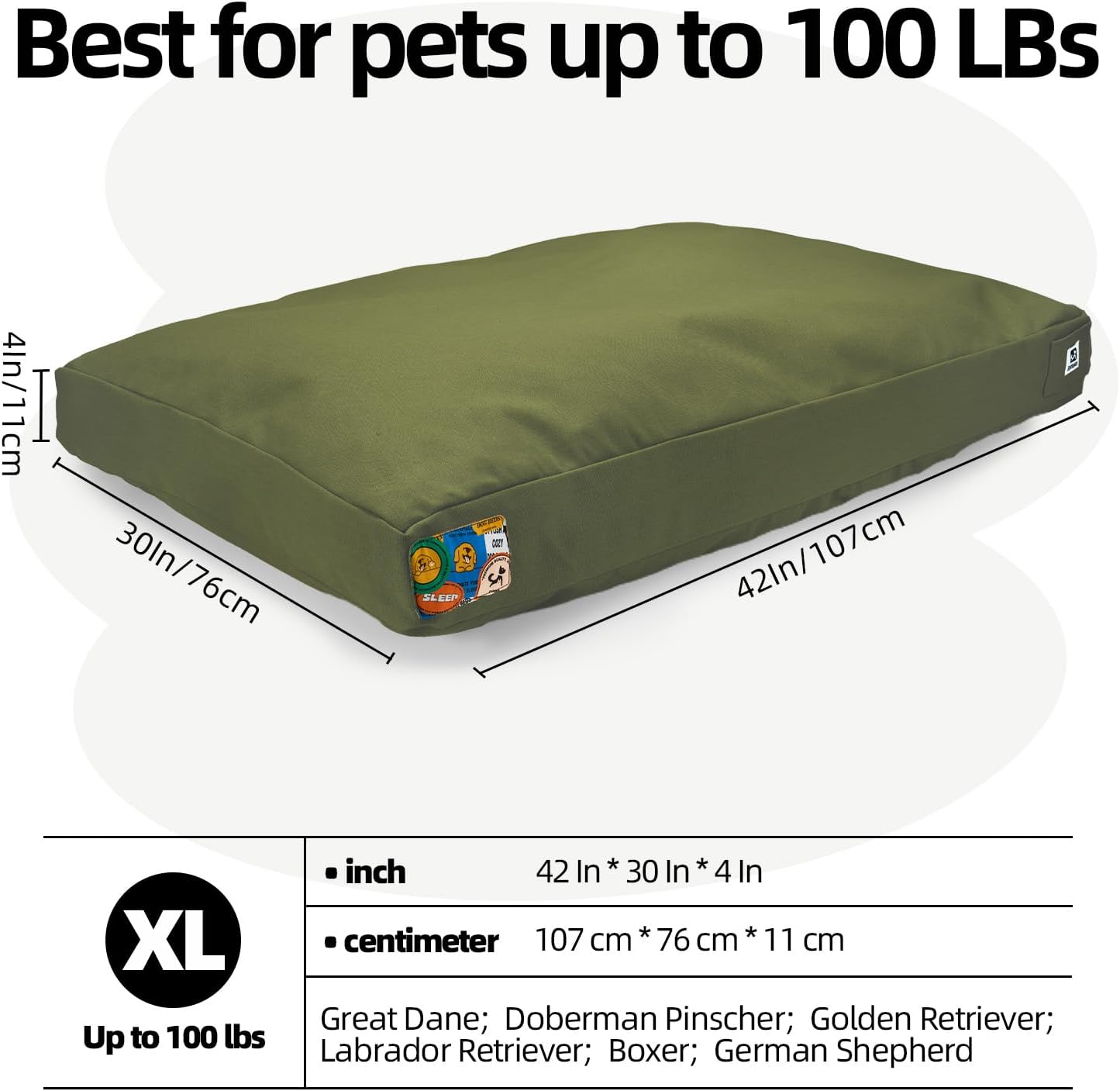 Sytopia 42 Inch Canvas Indestructible Outdoor Dog Bed for Extra Large Dogs, Chew Proof Dog Bed with Waterproof Washable Removable Cover, Indoor Patio Pet Pad for Crate, Green