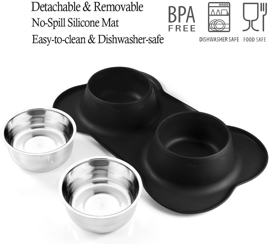 Pet Deluxe Dog Bowls Stainless Steel Dog Bowl with No Spill No Skid Silicone Mat, 24/48 oz Dog Food and Water Bowl Set Double Dog Feeder Bowl Dog Dish for Small Medium Large Sized Dogs Cats Puppy