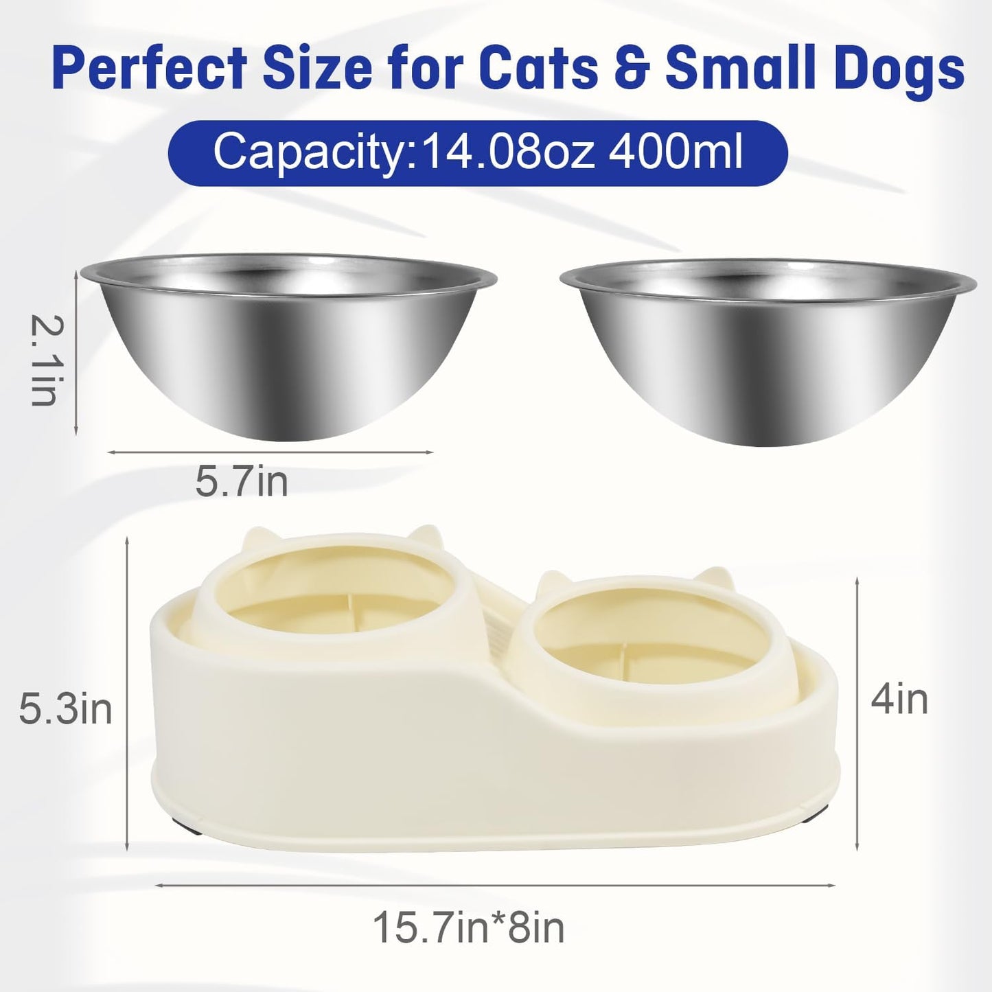 Elevated Cat Bowls for Indoor Cats, Raised Cat Bowl Set with 2 Stainless Steel Pet Bowls, No Spill Feeding Station, Tilted and Elevated Anti Vomiting Cats Dishes for Food and Water