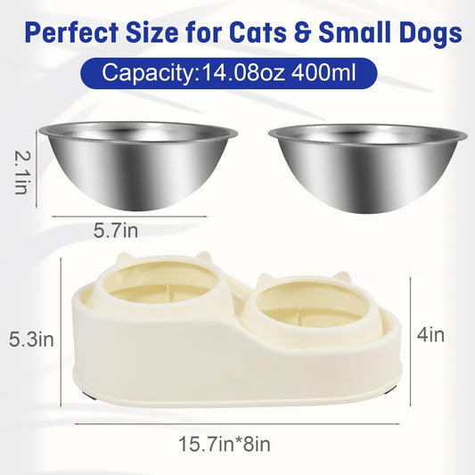 Elevated Cat Bowls for Indoor Cats, Raised Cat Bowl Set with 2 Stainless Steel Pet Bowls, No Spill Feeding Station, Tilted and Elevated Anti Vomiting Cats Dishes for Food and Water