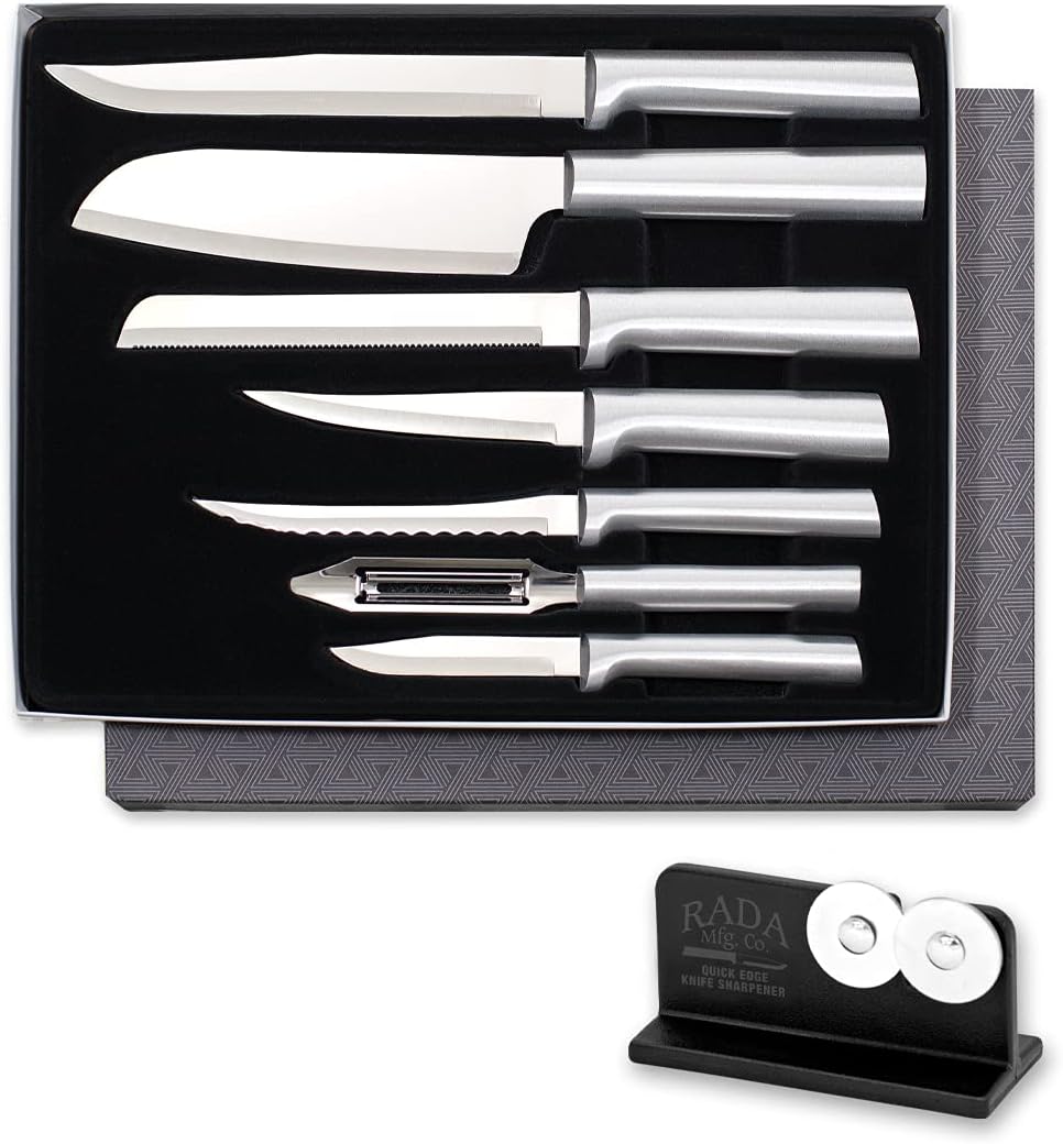 Rada Cutlery The Starter Gift Set (S38), 7-piece Knife Set with Quick Edge Sharpener (R119), Stainless Steel Blades, Silver Handle
