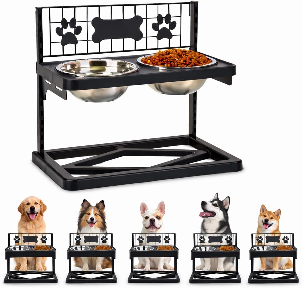 Elevated Dog Bowls Raised Pet Feeder Adjustable Dog Bowl Stand with Stainless Steel Bowls and ABS Frame, Double Dog Feeding Station with Paw Print Bone Decor for Medium Large Dogs