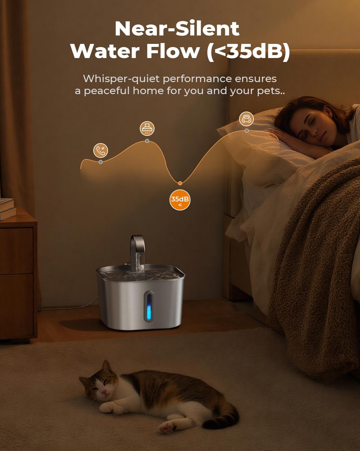 Cat Water Fountain Stainless Steel: 74oz/2.2L Cat Fountain for Drinking | Quiet Cats Water Bowl Dispenser | Pet Water Fountain for Cats Inside | Easy-to-Clean Kitty Drinking Fountains for Small Pets
