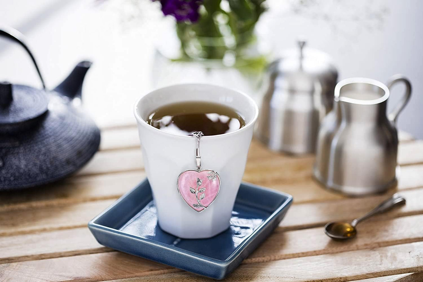 2pcs Tea Infuser Tea Strainers for Loose Tea Amethyst & Rose Quartz Crystal Heart Pendant Infinity Love Heart Couple Handmade Gemstone Tea Ball Set Gifts for Women Gifts for Mom