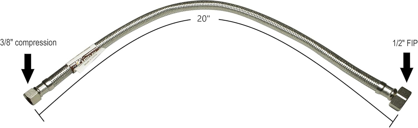 Complete Faucet Set Valve 1/2 in. NOM Inlet x 3/8 in. OD Compression Outlet Angle Shut Off Valve + Escutcheon Plate + 20" Long Stainless Steel Braided Lavatory Water Supply Line (2 Pack)