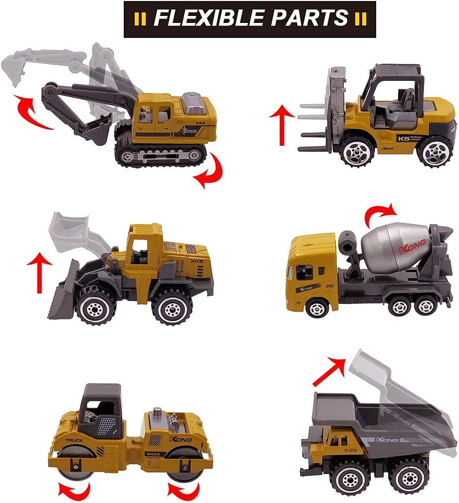 Kids Diecast Construction Vehicles Metal Engineering Cars Set Toys Play Trucks for Boys Age 3 4 Birthday Party Supplies Cake Topper (Pack of 6)
