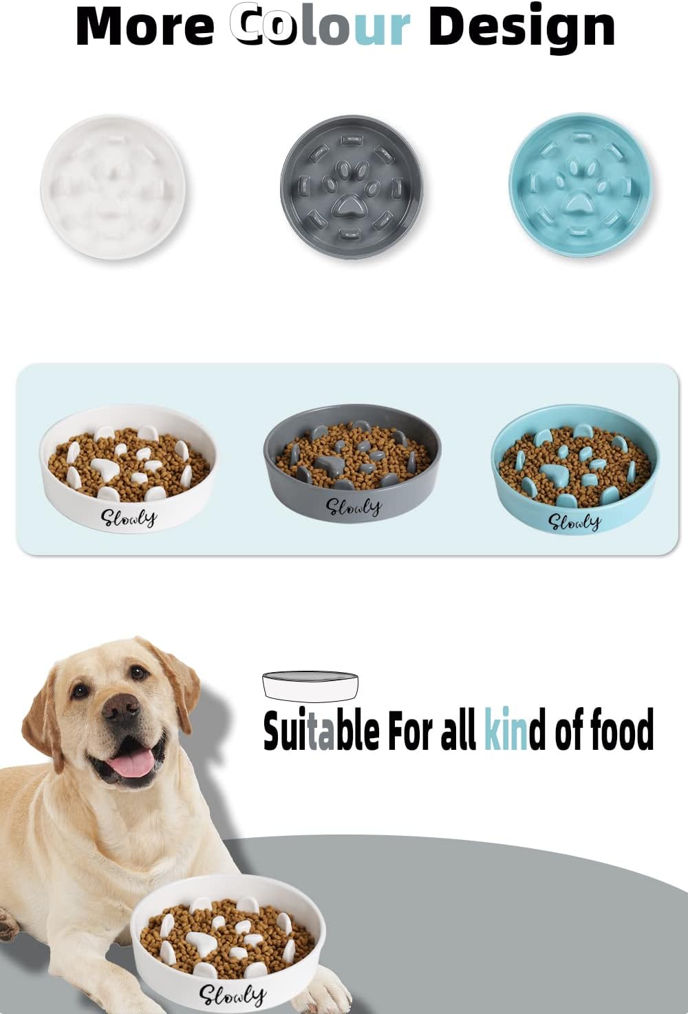 Slow Feeder Dog Bowls, Farmhouse Ceramic Fun Slow Eater Bowl for Medium Sized Dog, White