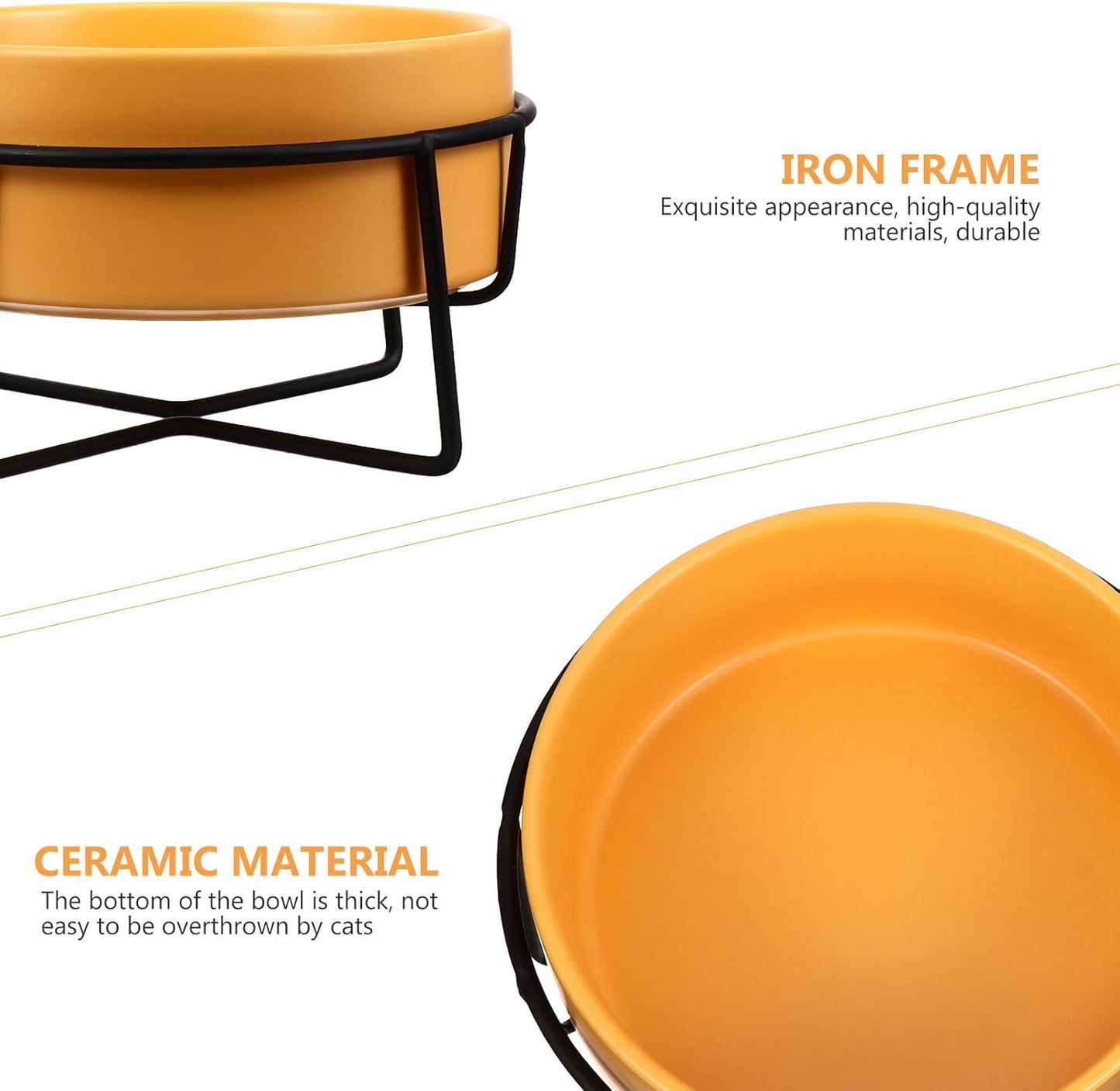 Milisten Ceramic Dog Bowl and Cat Bowl with Raised Black Iron Stand 14cm Protective Spine for Food and Water Yellow Pet Feeding Dish for Dogs and Cats