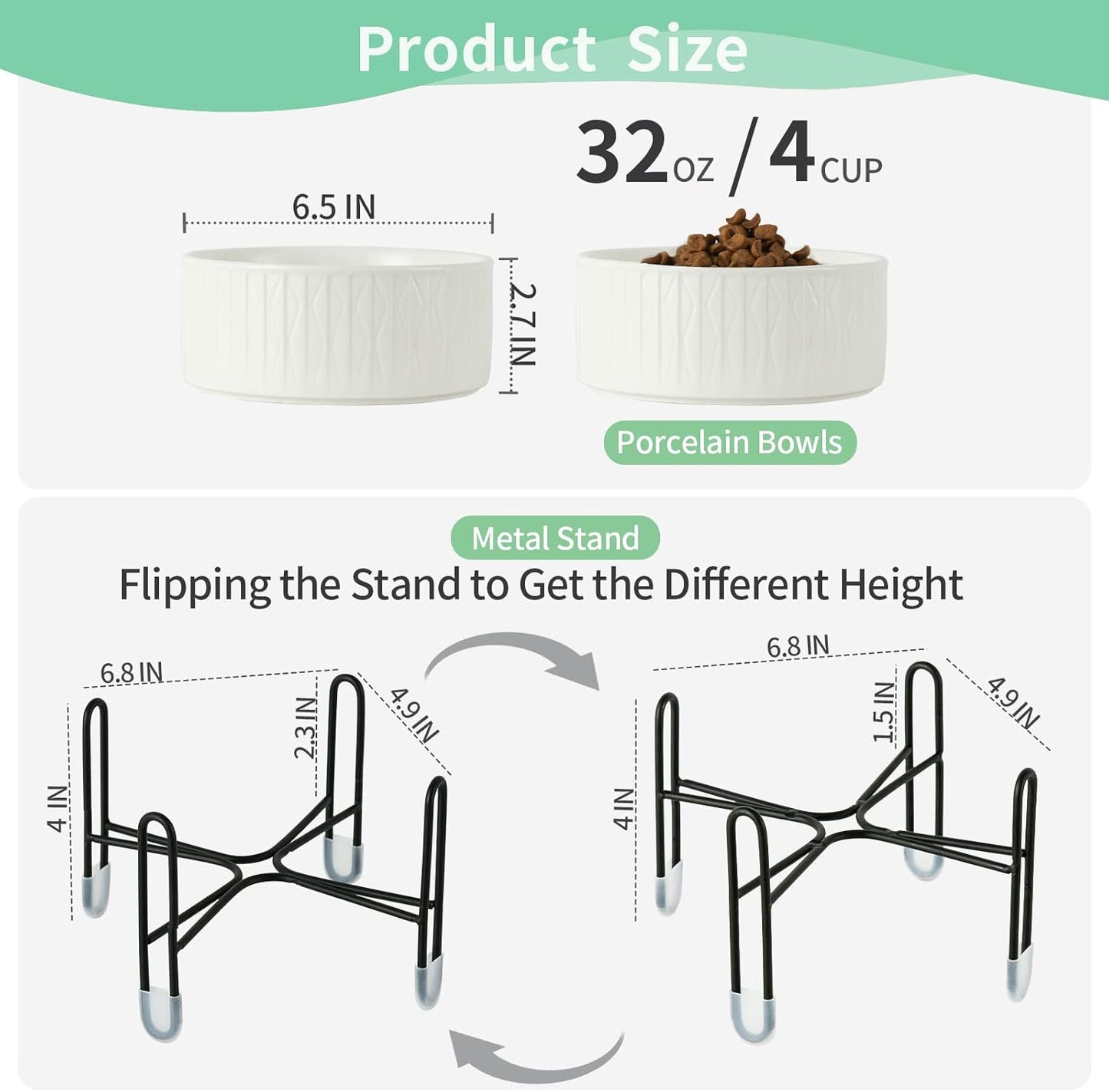 OMAYKEY 32 oz Ceramic Dog Cat Bowls with Elevated Metal Stand, 6.5 Inch Ceramic Round Pet Food and Water Feeder Bowl Dish for Cats & Dogs, White, Set of 2