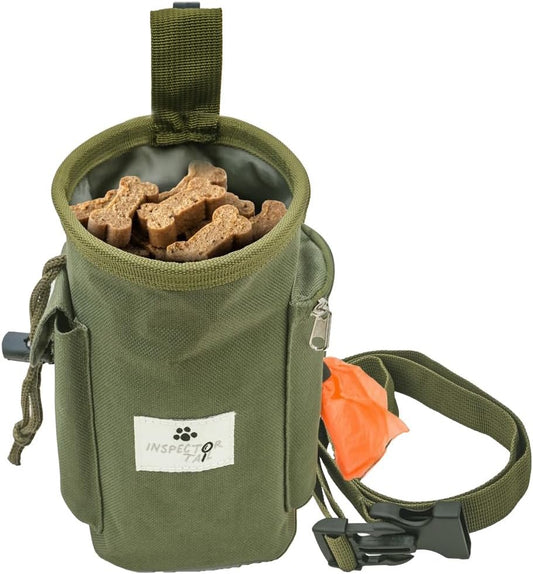 INSPECTOR TAIL Dog Treat Pouch w Drawstring to Prevent Spills | 2 Cup Tote | Hands Free w 4 Ways to Wear Puppy Bag w Pockets for Snacks Poop Bags Keys & Cards | Pet Training Walking & Rewarding Holder