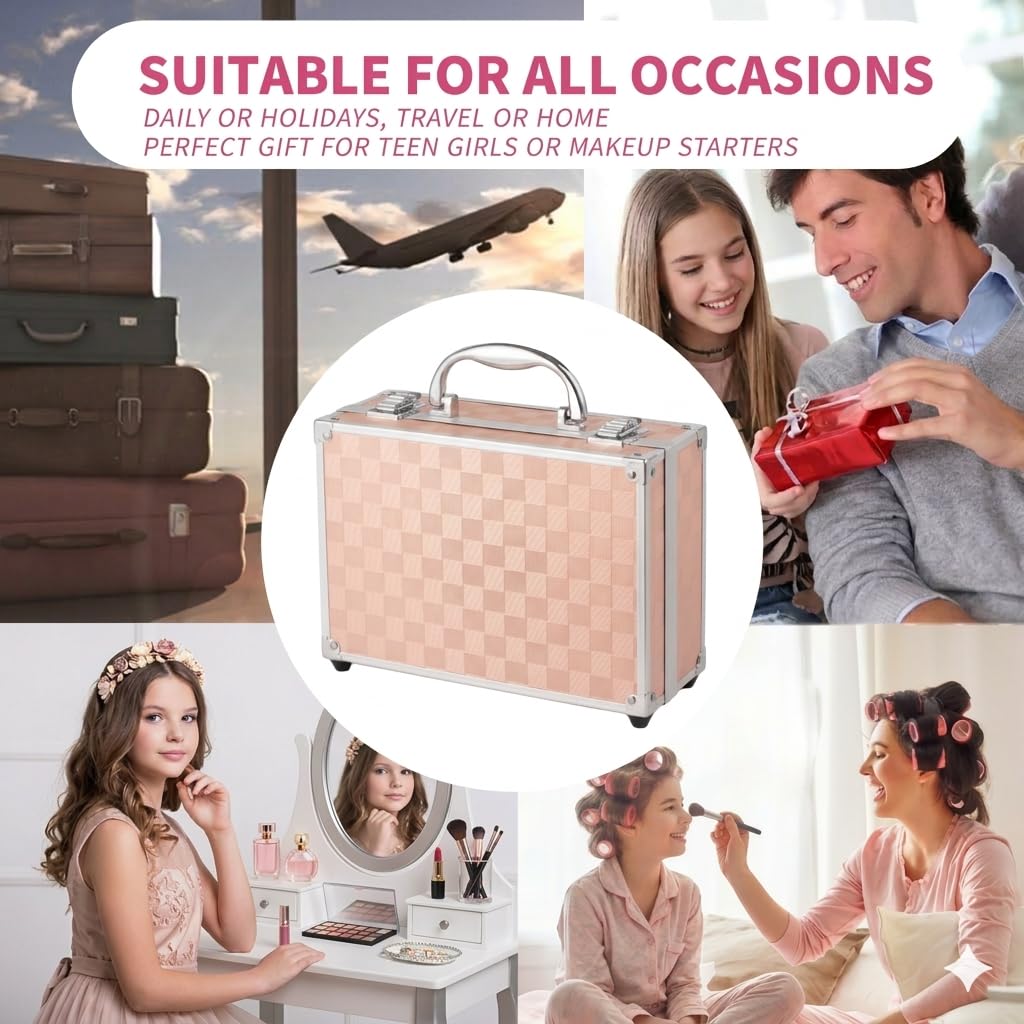 Hot Sugar Makeup Kit for Teenager Girls - Full Starter Cosmetics Set with Eye Shadow Lip Balm Blush Lip Gloss Brush Lip Pencil Eye Pencil and Mirror (Gold Check)