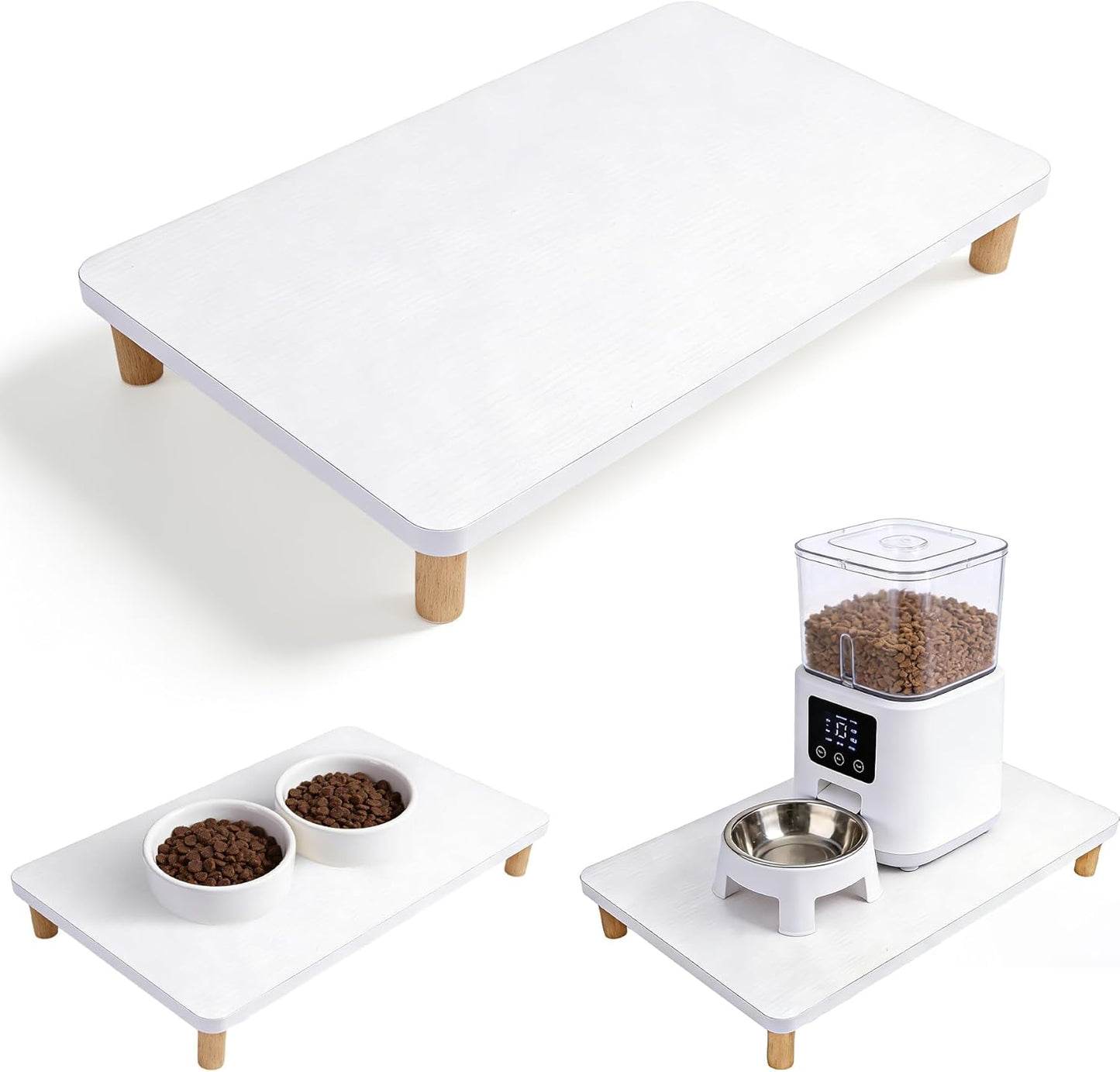Wooden Elevated Cat Food Stand, 2.4" Raised Cat Food Table, Pet Feeding Table for Cats & Small Dogs, Stable Bowl Stand Platform for Most Bowls, Modern Pet Feeding Station, White