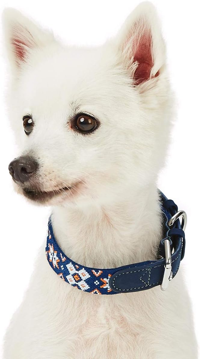 Blueberry Pet 3 Patterns Southwestern Modern Tribal Print Genuine Leather & Polyester Fabric Combo Dog Collar with Metal Buckle - Navy Braided, Small, Neck 12"-15"