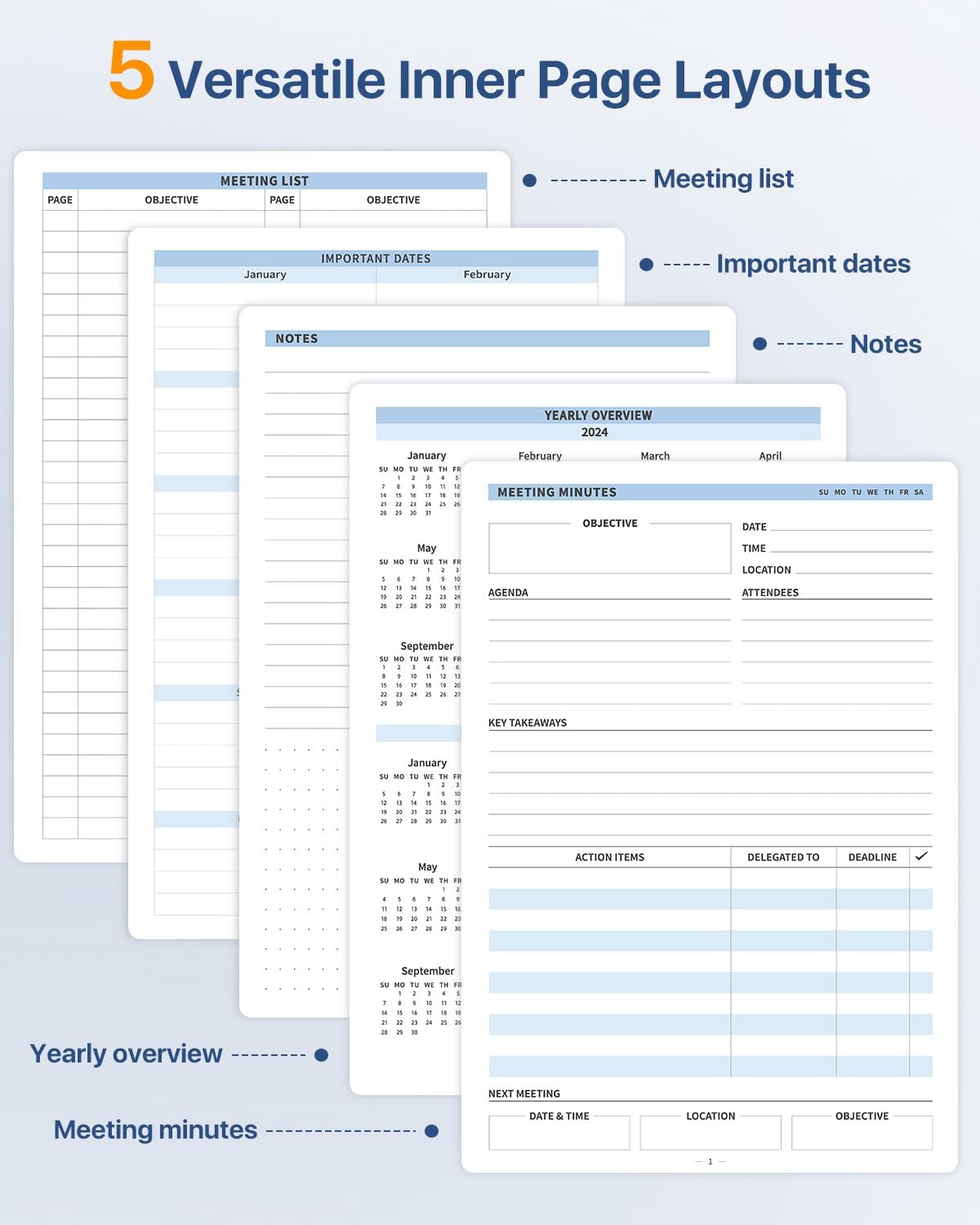 WEMATE Meeting Notebook for Work, Work Planner Notebook with Action Items, B5 Size Project Planner, Easily Take Meeting Notes & Keep Agendas on Track, Calender, Index Page, Inner Pocket, 7×10 Inch, Dark Blue