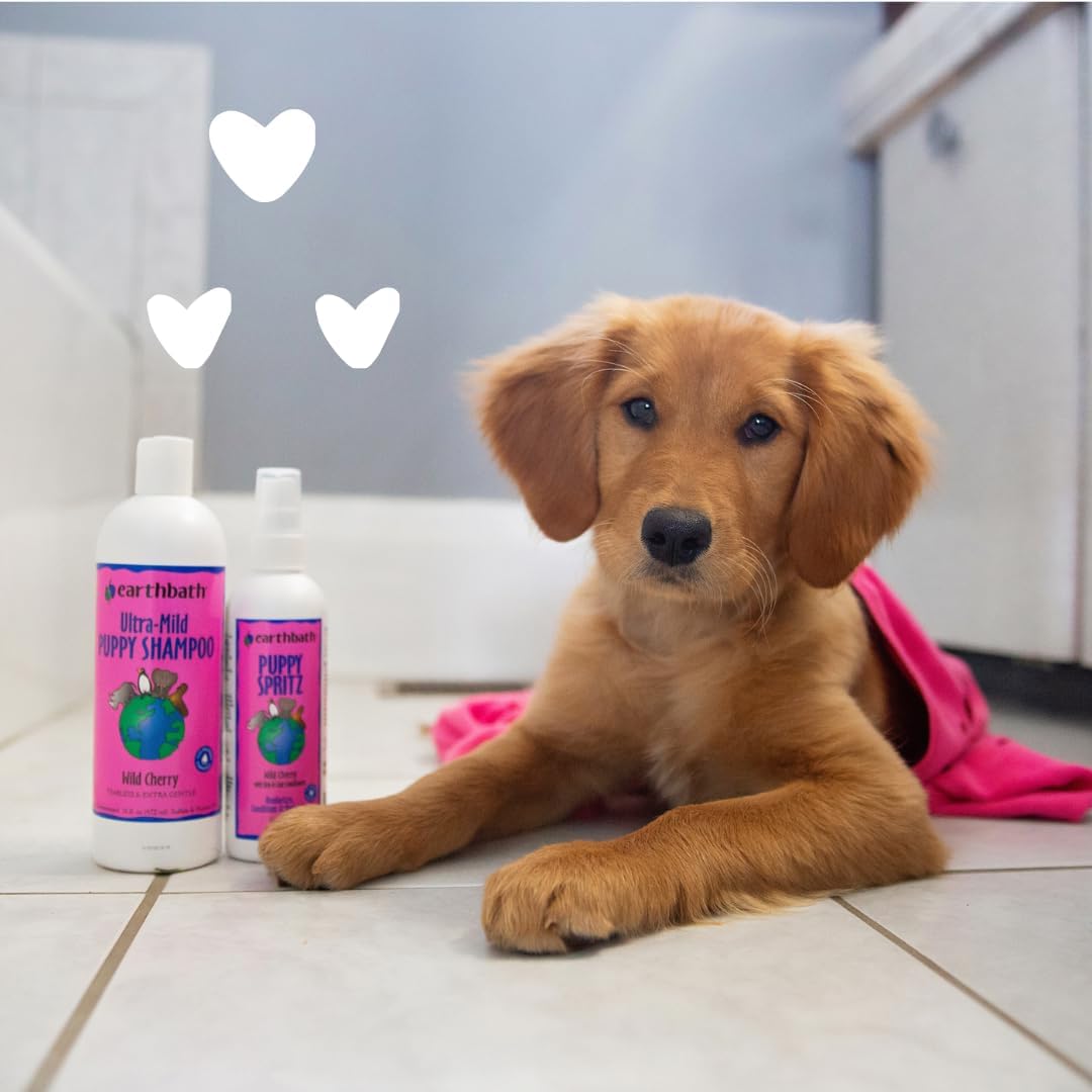 earthbath, Ultra-Mild Wild Cherry Puppy Shampoo - Extra Gentle & Tearless Dog Shampoo, Made in USA, Deodorizing Dog Wash, Cruelty Free Puppy Supplies, Shampoo for Smelly Dogs - 16 Oz (2 Pack)
