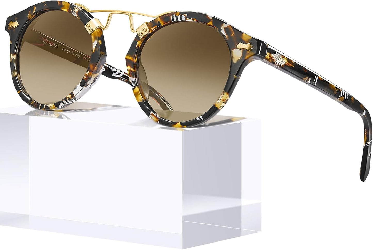 CARFIA Small Face Acetate Polarized Sunglasses for Women UV Protection, Retro Double Bridge Eyewears Metal Brow Round Sunnies