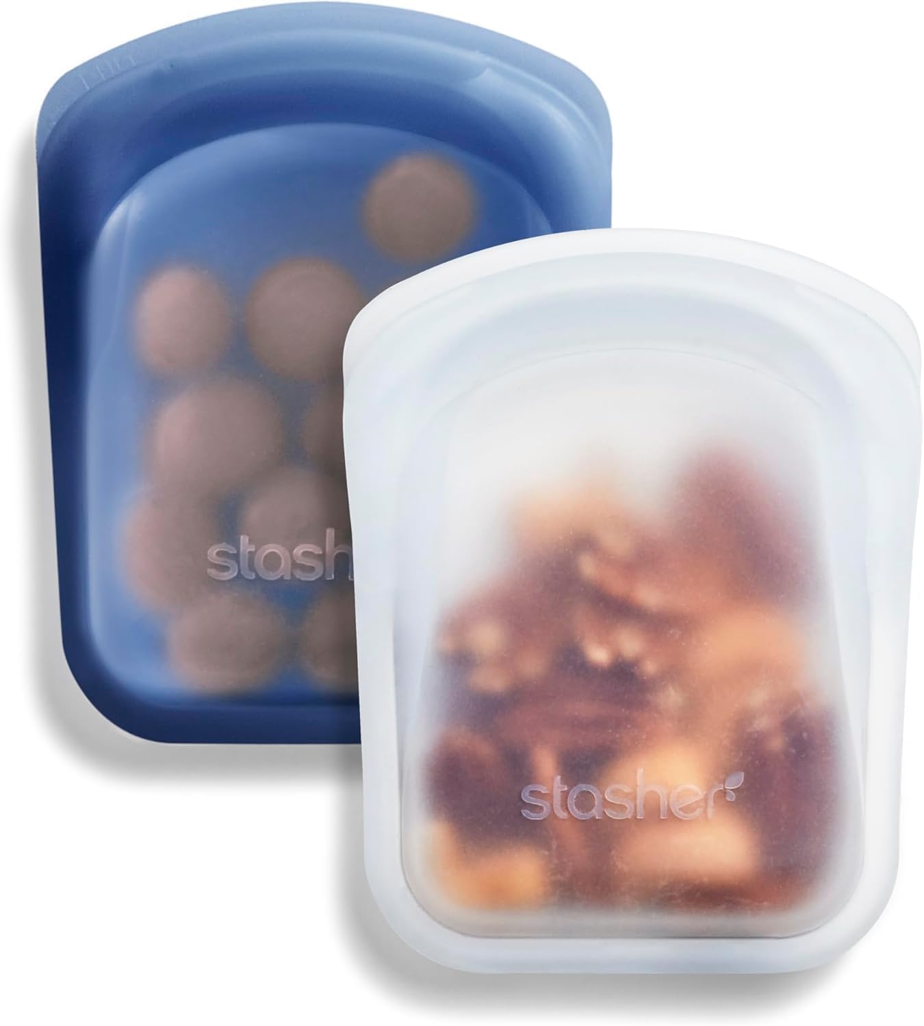 Stasher Silicone Reusable Storage Bag, Pocket Bags 2-Pack, Microwave, Dishwasher, Oven Safe, Sous Vide, Eco Friendly, Leak-free, Food-safe Silicone Snack Bags for Travel, 4 oz, Clear & Deep Ocean | Reusable Food Bag