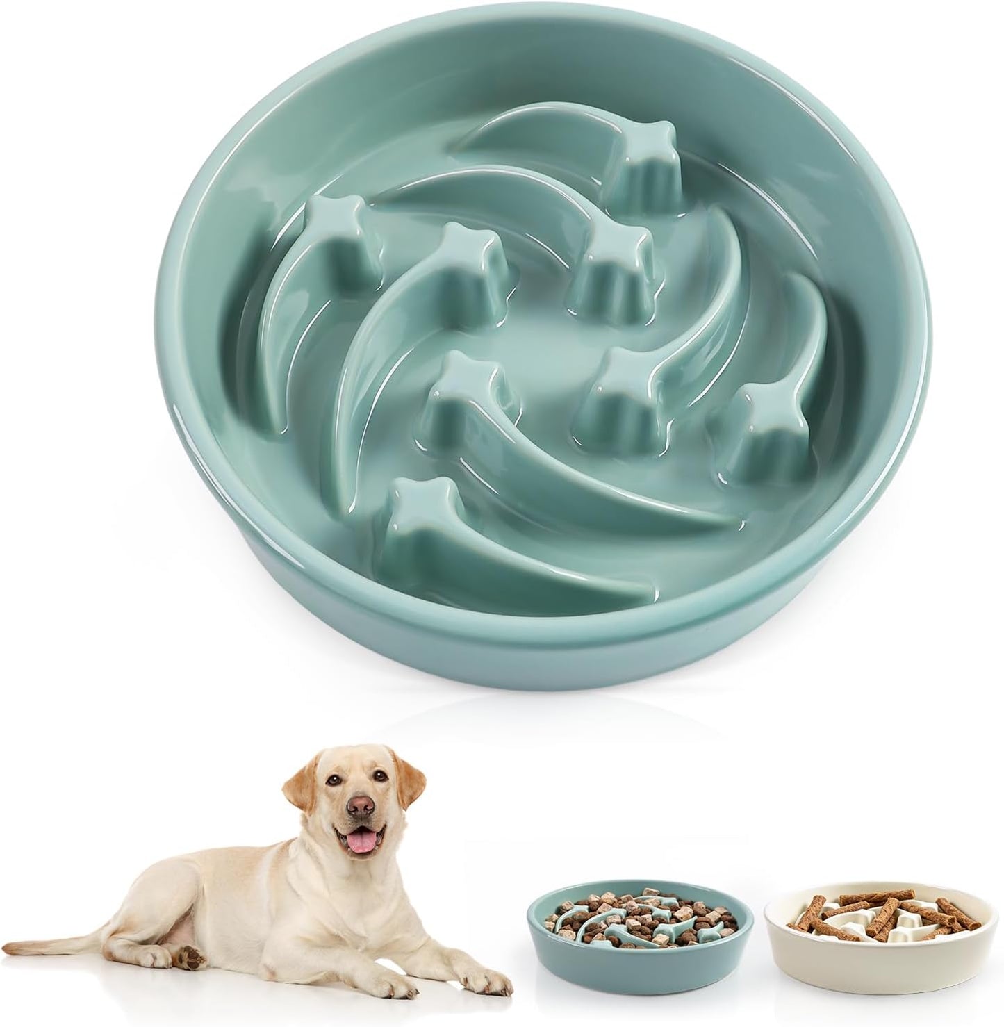 Ceramic Slow Feeder Dog Bowls, 2 Cups Dog Food Dish for Medium and Large Breed, Puzzle Dog Food Bowl for Fast Eater, 28OZ, 8.15 inch(Light Green)