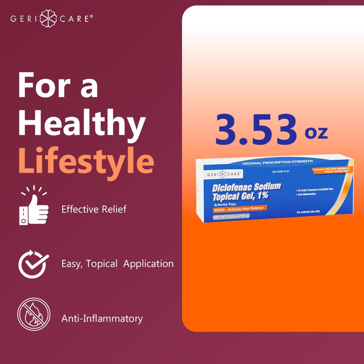 GeriCare Topical Arthritis Pain Relief Gel Diclofenac Sodium 1% (NSAID) Hand Wrist Elbow Foot Ankle Knee Extra-Strength Pain Reliever- Anti-inflammatory Arthritis Pain Treatment, 3.53oz (3 Pack)