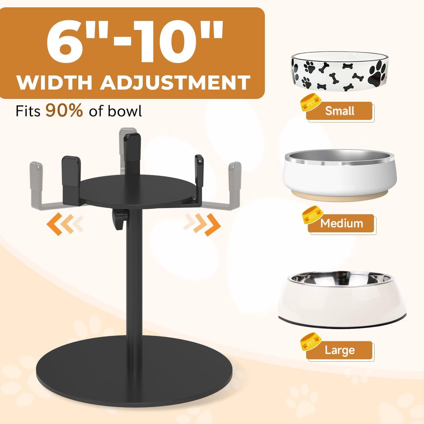 Extra-Stable Elevated Dog Bowl Stand, Adjustable Height 8-16in, Width 6-10in, Tall Single Lifted Food Holder for Large Medium Size Breeds, Metal Non-Slip Raised Dish Riser Pet Water Feeder