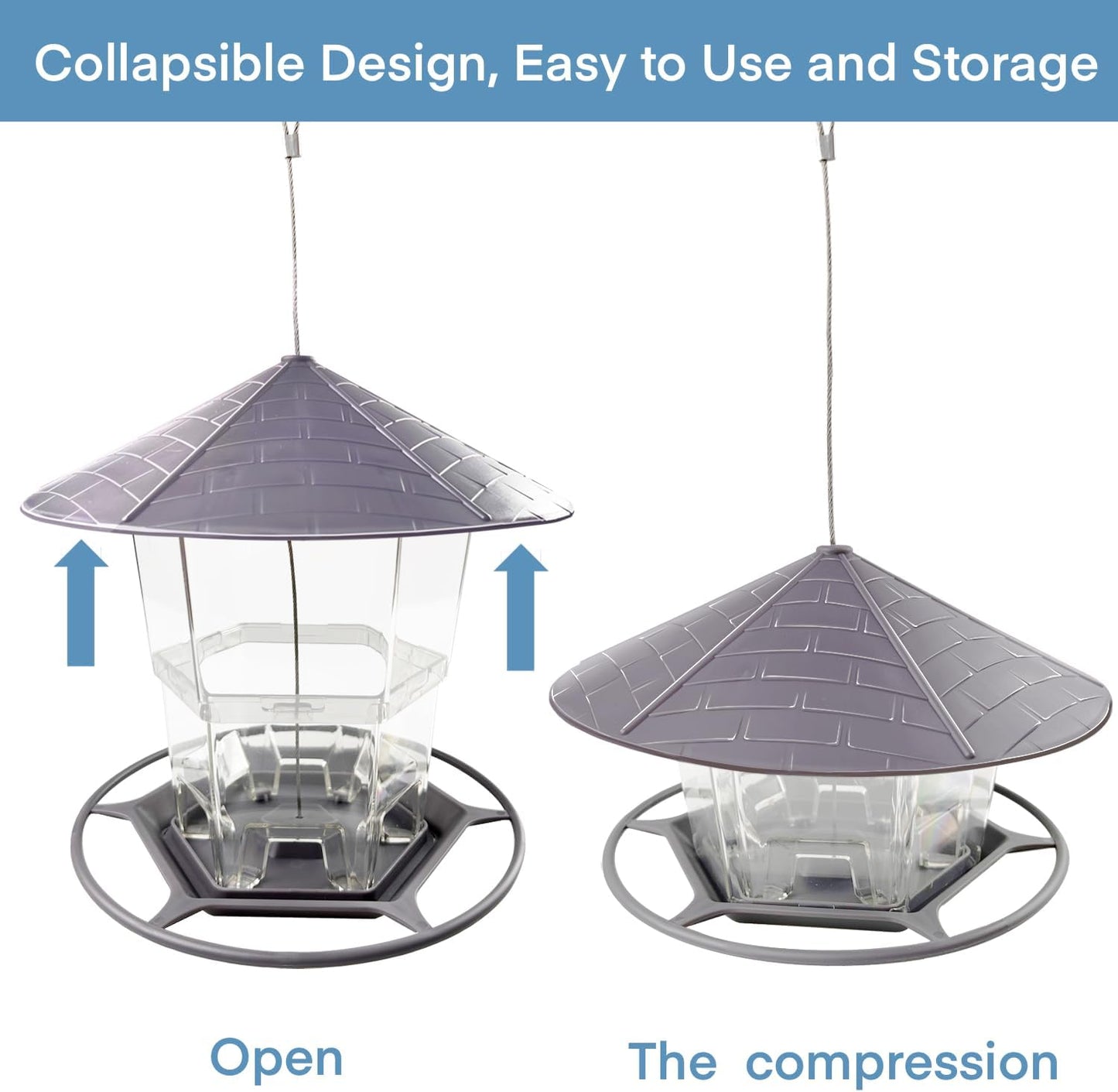 Bird Feeders for Outside, Adjustable Feeder with Sturdy Wire and Roof, Plastic Birds Feeder for Garden, Backyard, Terrace