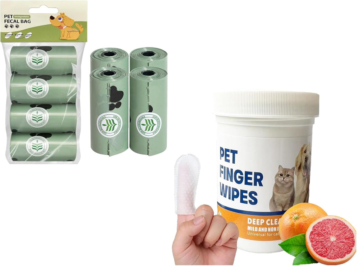 Poop Bags for Dogs, Poop Bags Rolls and Small Trash Bags for Waste Clean up and Dog Ear Wipes, Cleaner for Dog Ear Infection Treatment, Gentle and Safe Pet Ear Cleaning Finger Wipes